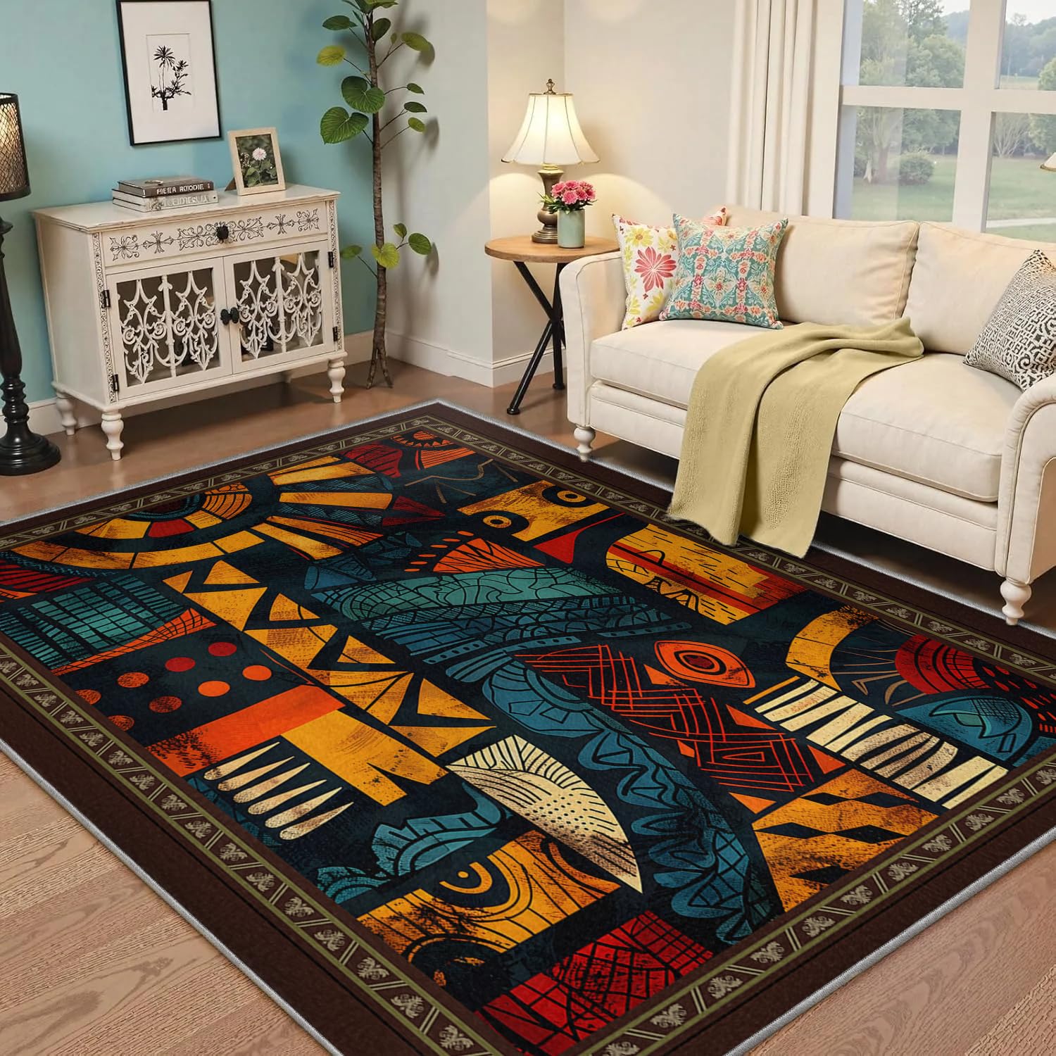 Waschbarer Teppich 140x200 Flächenteppiche für Wohnzimmer Kinderzimmer Primitive Tribal Kunst ultraweiche Kunstwolleteppiche rutschfeste und Nicht abfallende Teppiche mit niedrigem den