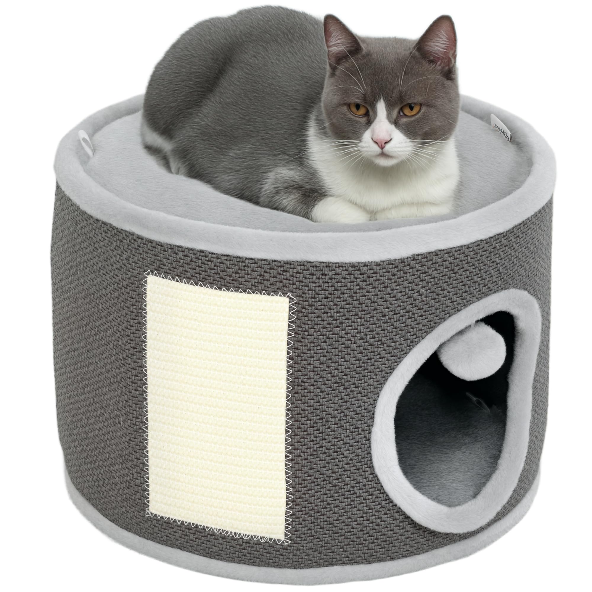 PawHut Tazzone tiragraffi alto 30 cm con grotta albero tiragraffi in sisal per gatti fino a 5 kg, bianco crema