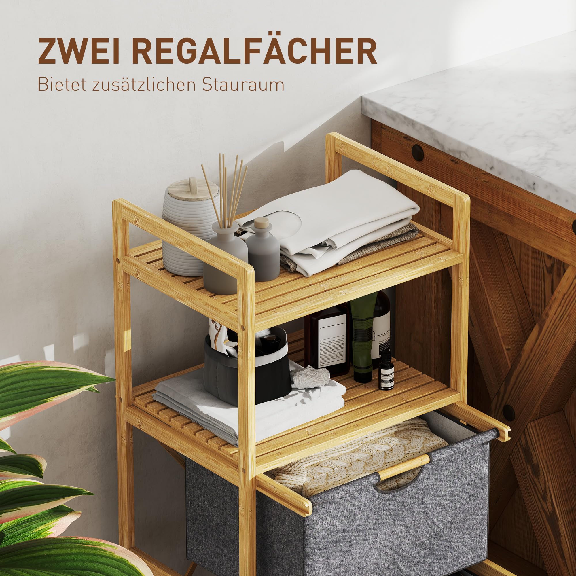 HOMCOM Wäschekorb 35,4 L mit 2 Wäschekörben aus Stoff, mit Griff, Natur | Wäschesammler, Offene Ablagen, Wäschebox, für Badezimmer, Bambus