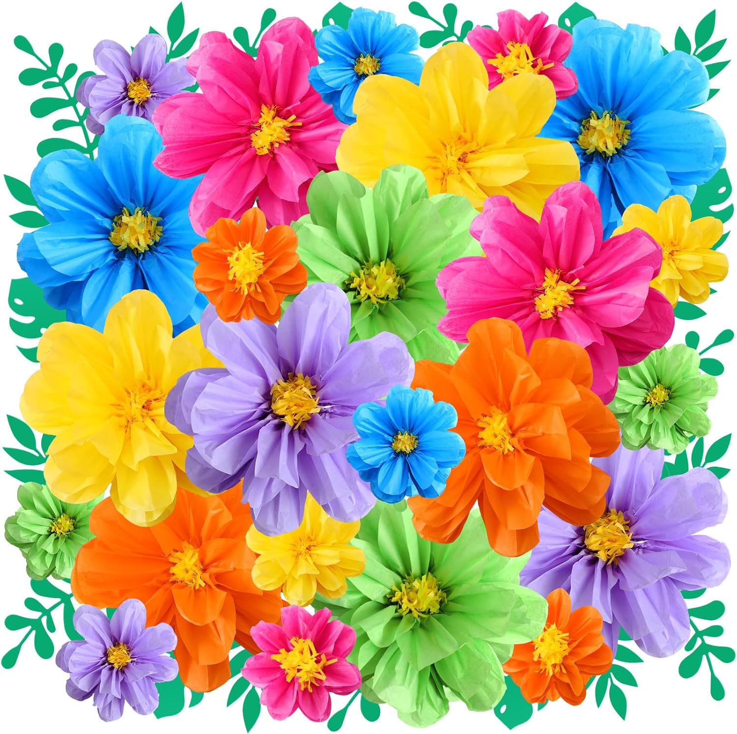 Geyee 40 Pcs Mexican Giant Paper Flowers Leaves Set, 24 Pcs Large Mexico Tissue Paper Flowers and 16 Green Leaves for Mexican Party Wedding Archway Fiesta Birthday Decoration 20" 10''