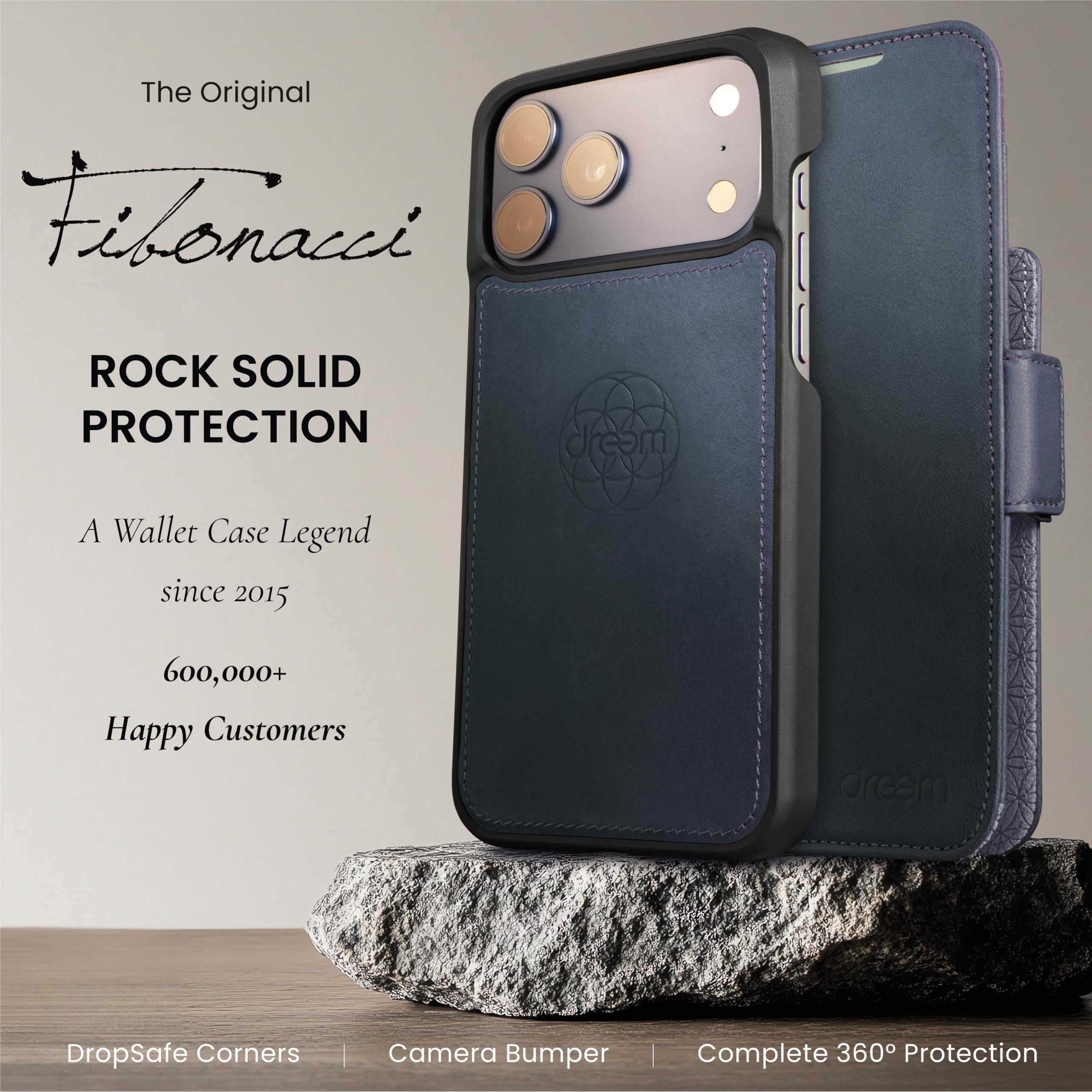 dreem iPhone 17 Pro Max Case, Genuine Leather Phone Case with Revolutionary Stand, Detachable Magnetic Case, RFID Protection, Gift Box [Fibonacci:Graphite Blue] - 4
