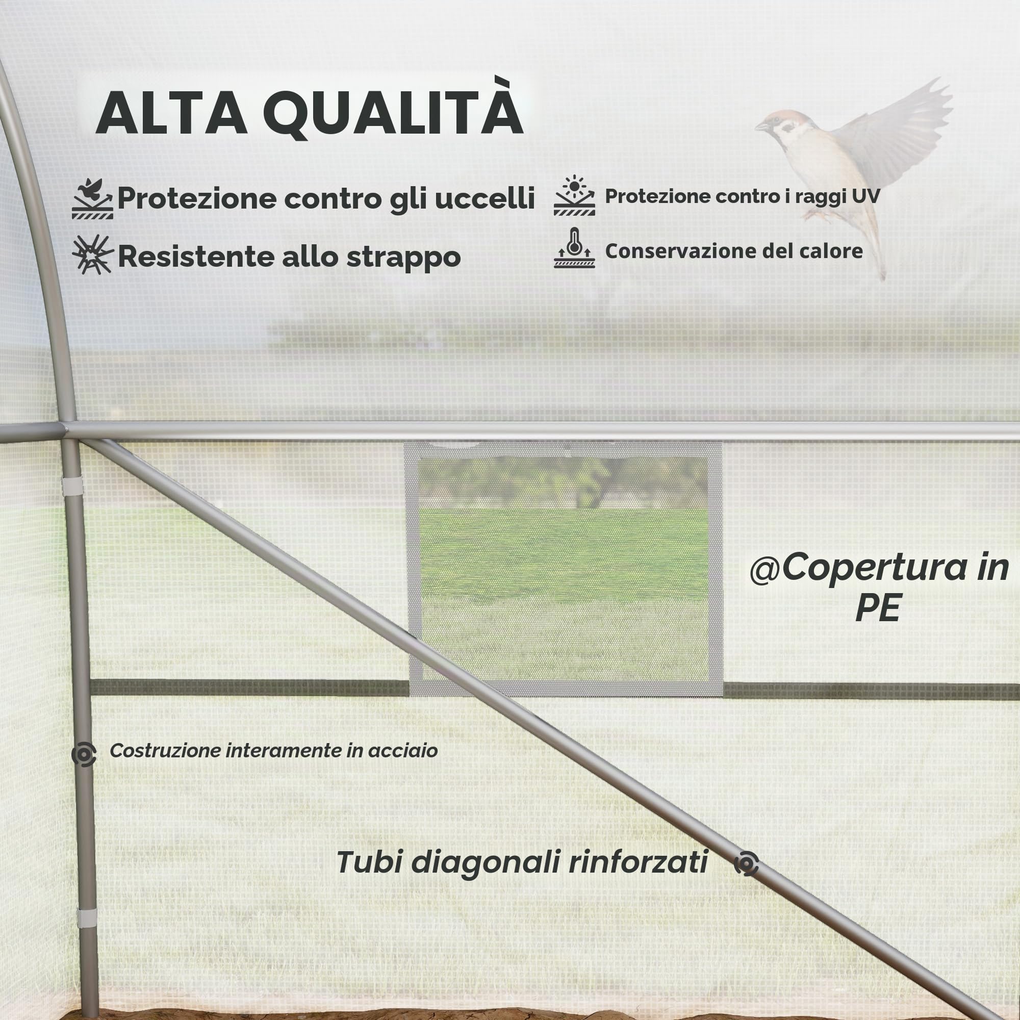 Outsunny Grande Serra a Tunnel da Giardino 24 m² PE 8x3x2m Bianca | Telaio in acciaio zincato Ø24mm, porta arrotolabile, 12 finestre