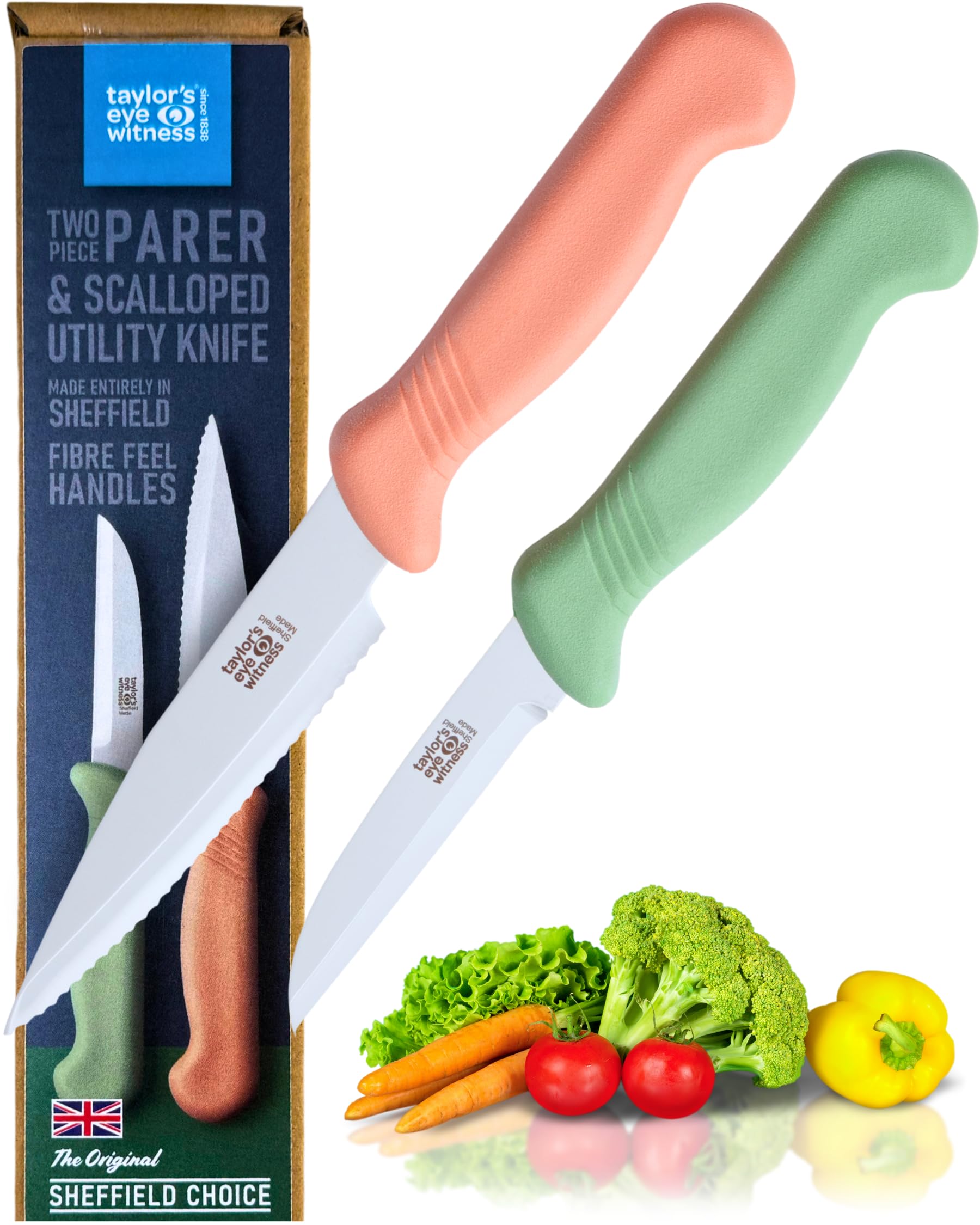 Taylors Eye Witness Sheffield Made Paring Knife & Scalloped Knife - Set of 2 Heavy Duty & Razor Sharp Kitchen Knives with Fine Precision Ground Stainless Steel Blades. Ergonomic Fibre Grip Handle