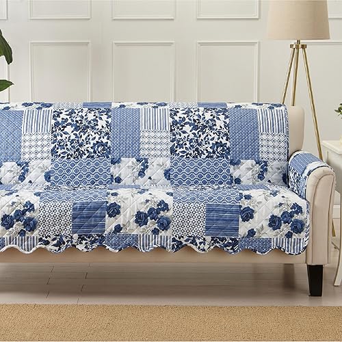Miniatura 16 de Great Bay Home - Funda reversible de patchwork para sofá biplaza, protector de muebles lavable con correas elásticas - Funda para sofá para perros