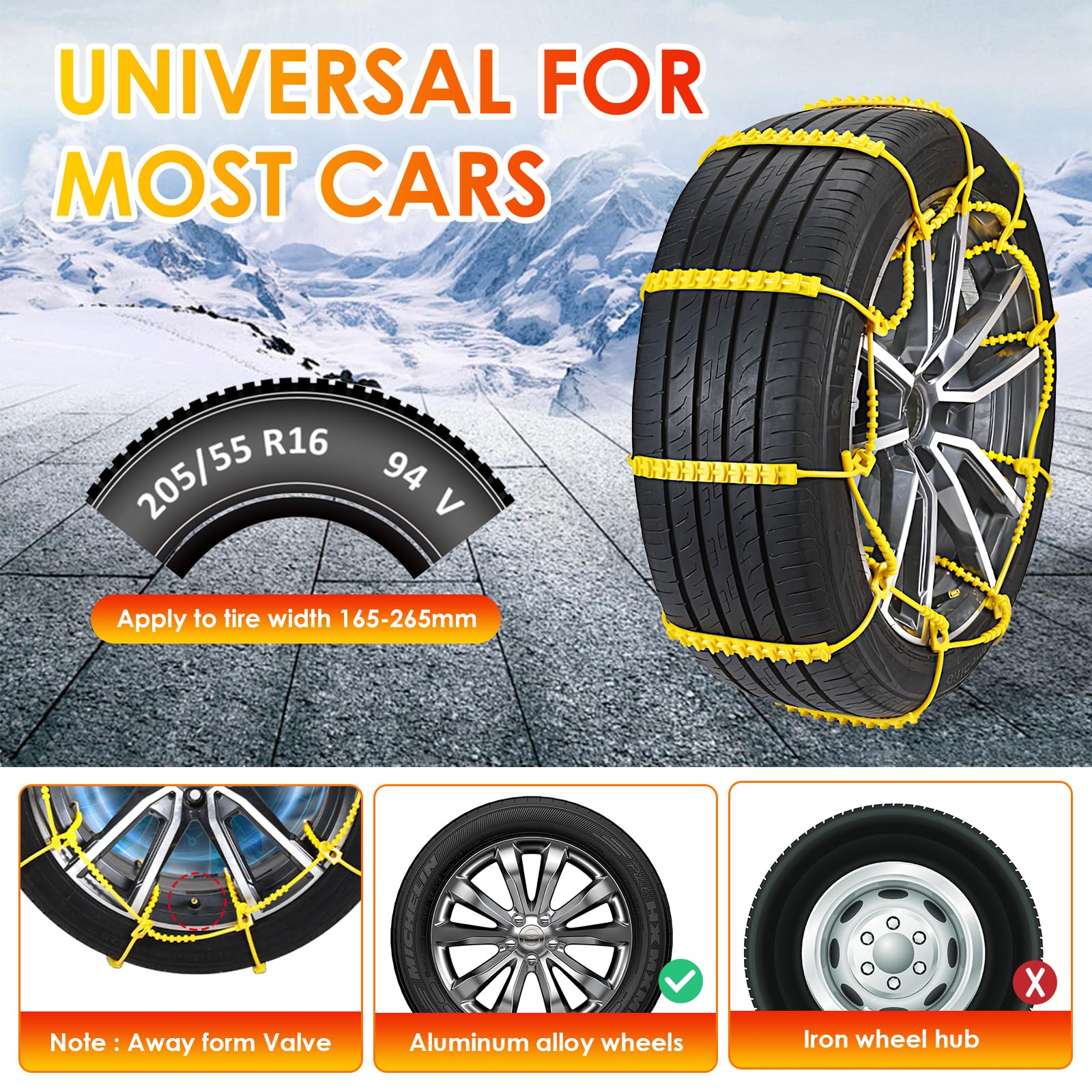 Cadenas de nieve 10 piezas Cadenas ajustables antideslizantes Rueda de neumático para automóvil Camión SUV. Superficie de la carretera, caminos nevados, lodo helado, escalada, ancho 145-295 mm