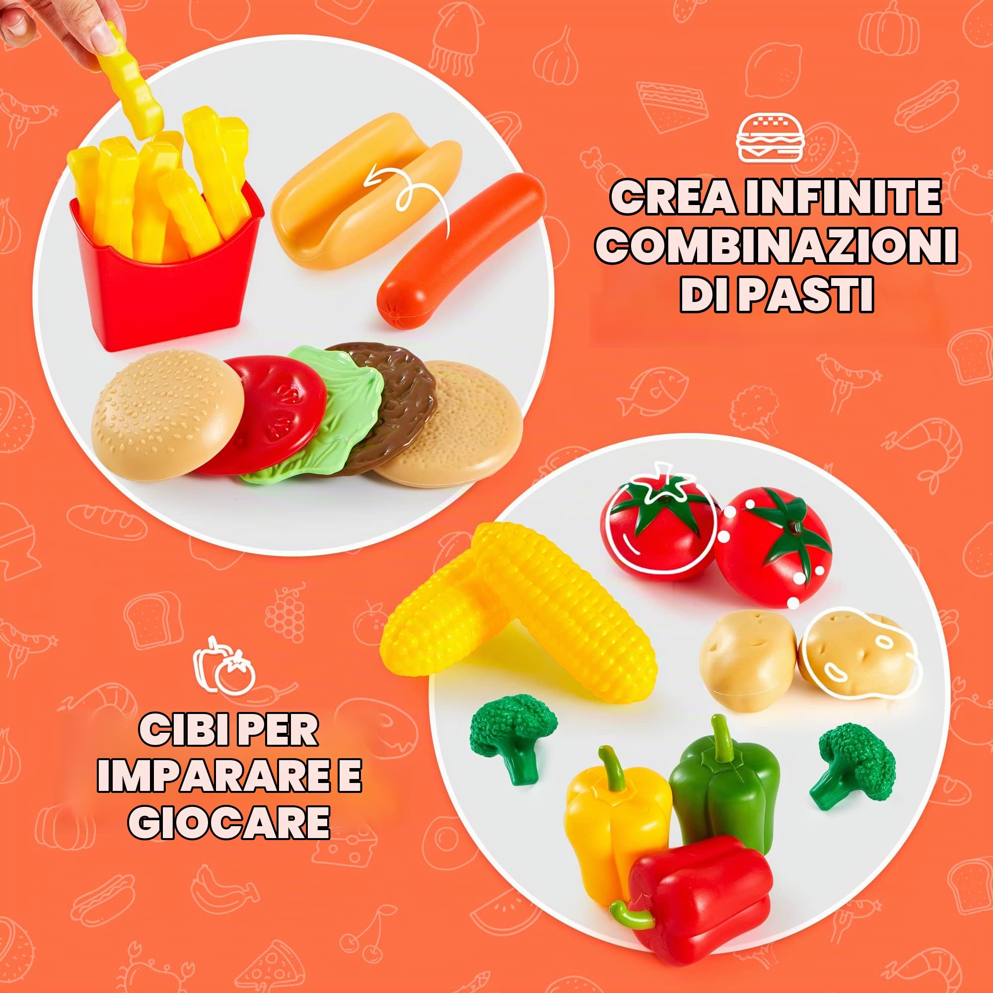 JOYIN 200 pezzi di giocattoli per bambini cibo finto plastico accessori cucina set lusso regalo compleanno giocattoli per festa