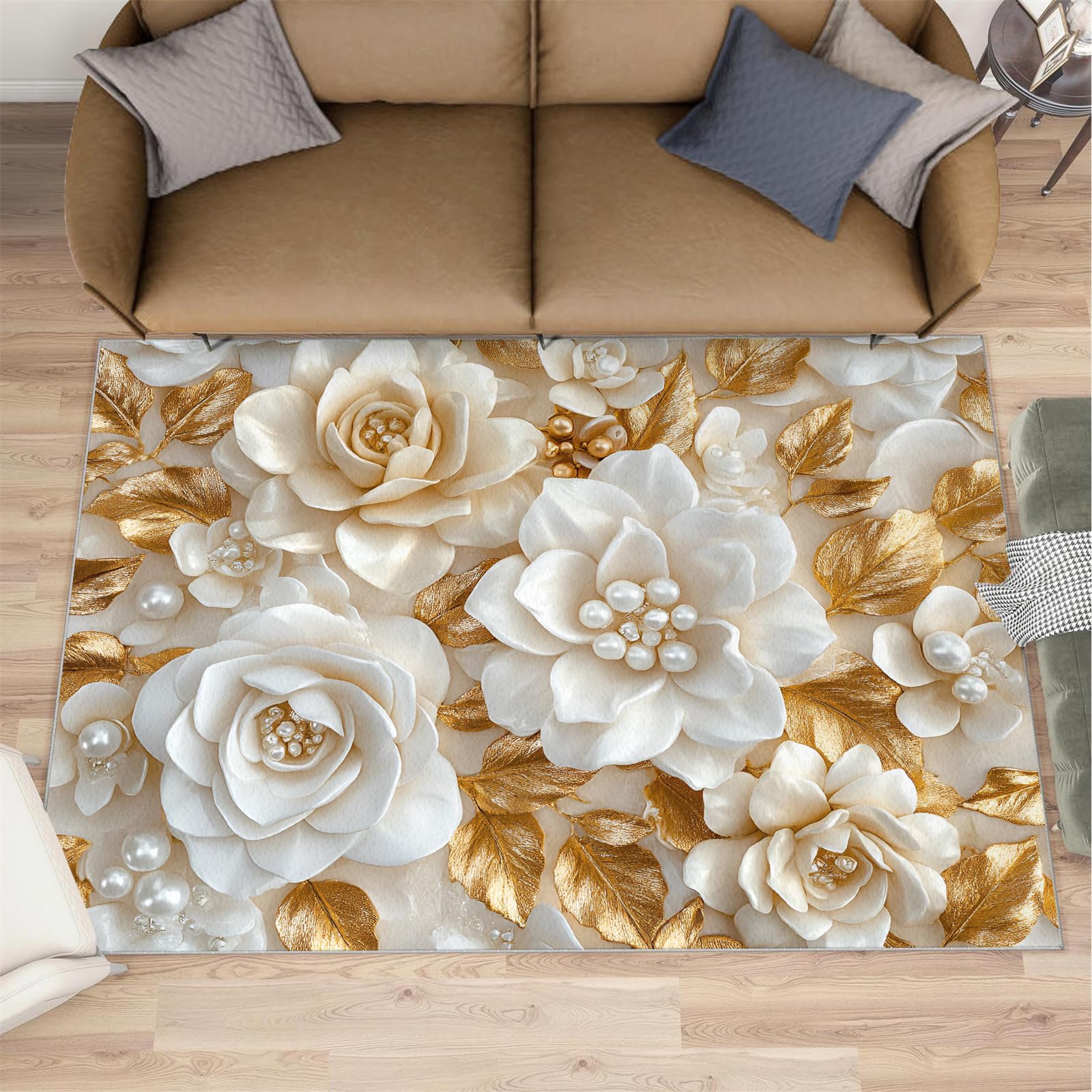 Perlenblüte Waschbar Teppich Weiß-goldene Blüten Teppich rutschfest, Luxuriöses Reliefblumenmotiv Teppiche für Esszimmer Schlafzimmer In & Outdoor Schmücken, 70x140 cm