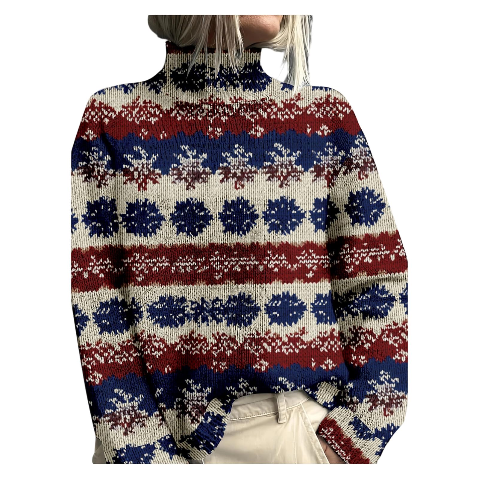 Retro Ethnic Print Sweaters for Women Casual Turtleneck Long Sleeve Boho Mock Neck Pullover Fall Jumper Knit Top