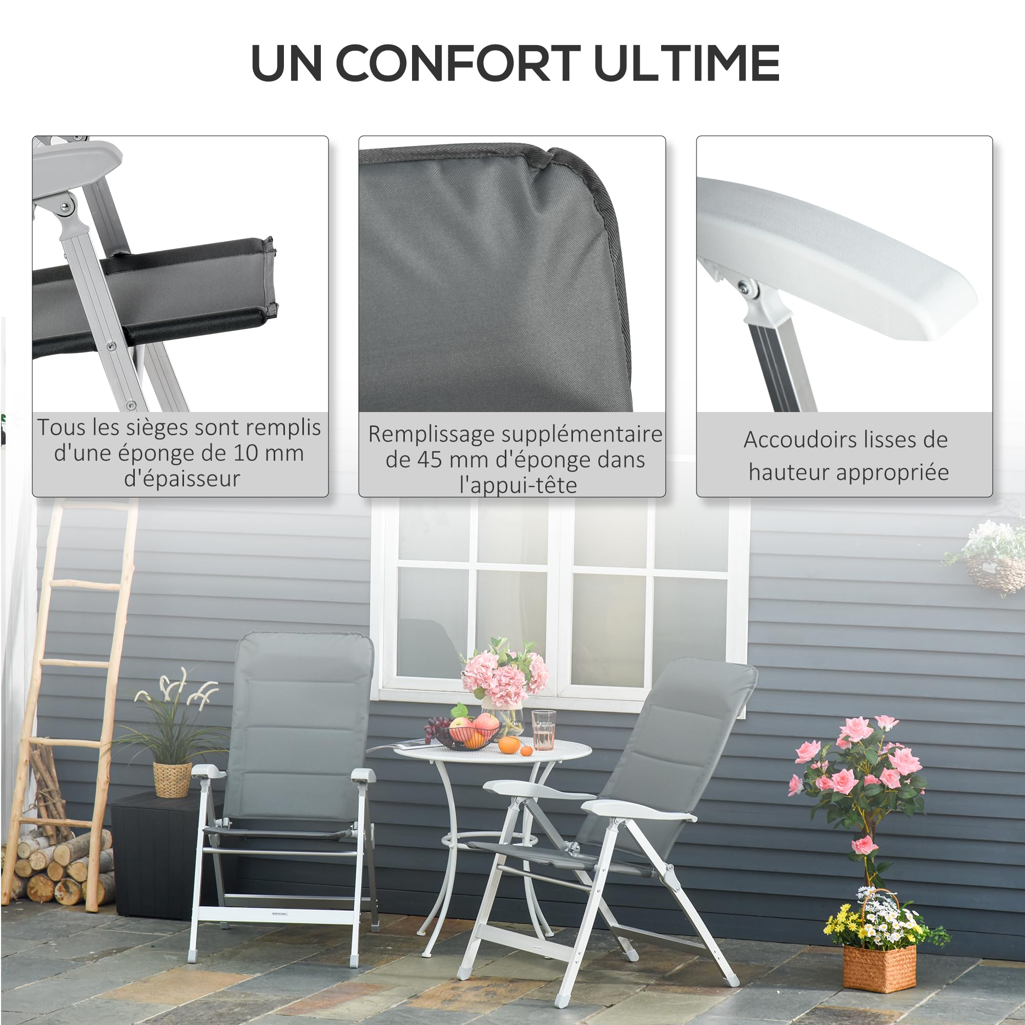 Outsunny Lot de 2 chaises de Jardin Pliantes Fauteuil d'Extérieur Gris