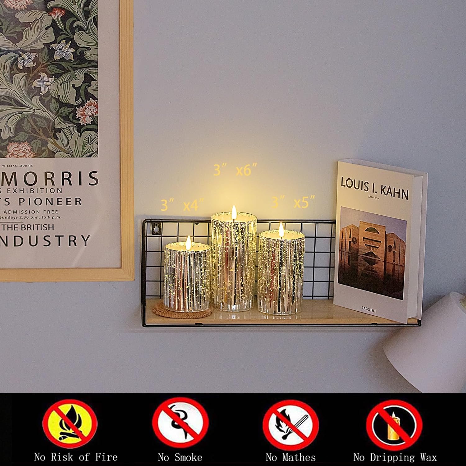 volnyus Silver Flameless Candles Set - 3 Pack(Φ 3" H 4" 5" 6") with Remote, Starscape Glass LED Night Lights for Home Decor, Wedding, Christmas Mantle,Battery Operated Flickering LED Pillar Candles