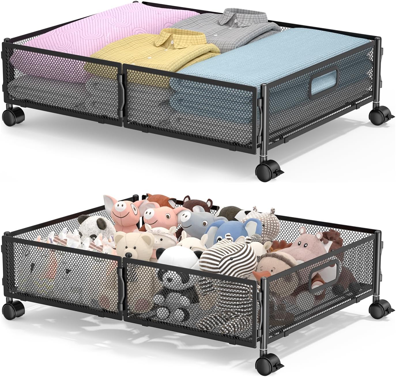 Under Bed Storage with Wheels,Rolling Under Bed Storage Containers,Under Bed Shoe Storage for Bedroom Clothes Shoes Blankets (2 pack, Black)