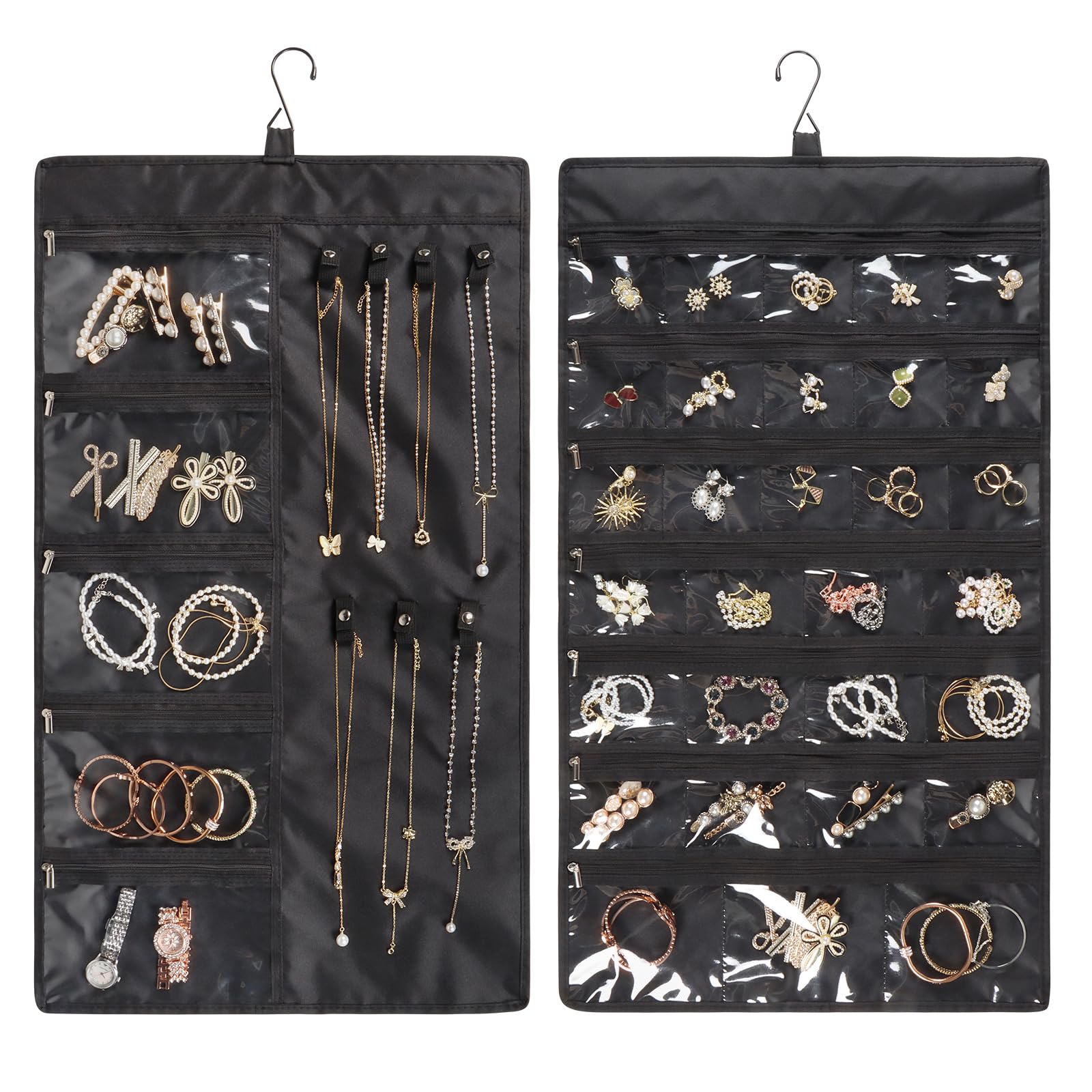 Zilink Hanging Jewelry Organizer for Closet with Metal Hooks and Zippers Dustproof Jewelry Organizer Double-Sided Jewelry Holder Organizer for Earrings, Bracelets, Necklaces, Rings, Black