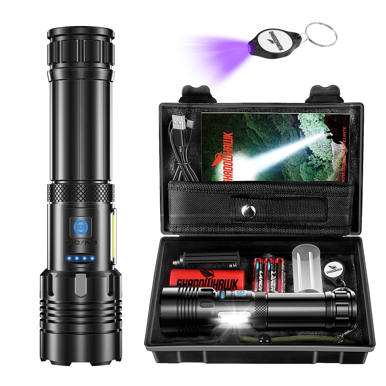 Shadowhawk Linterna LED Recargable 100,000 Lúmenes, Luz COB & Largo Alcance