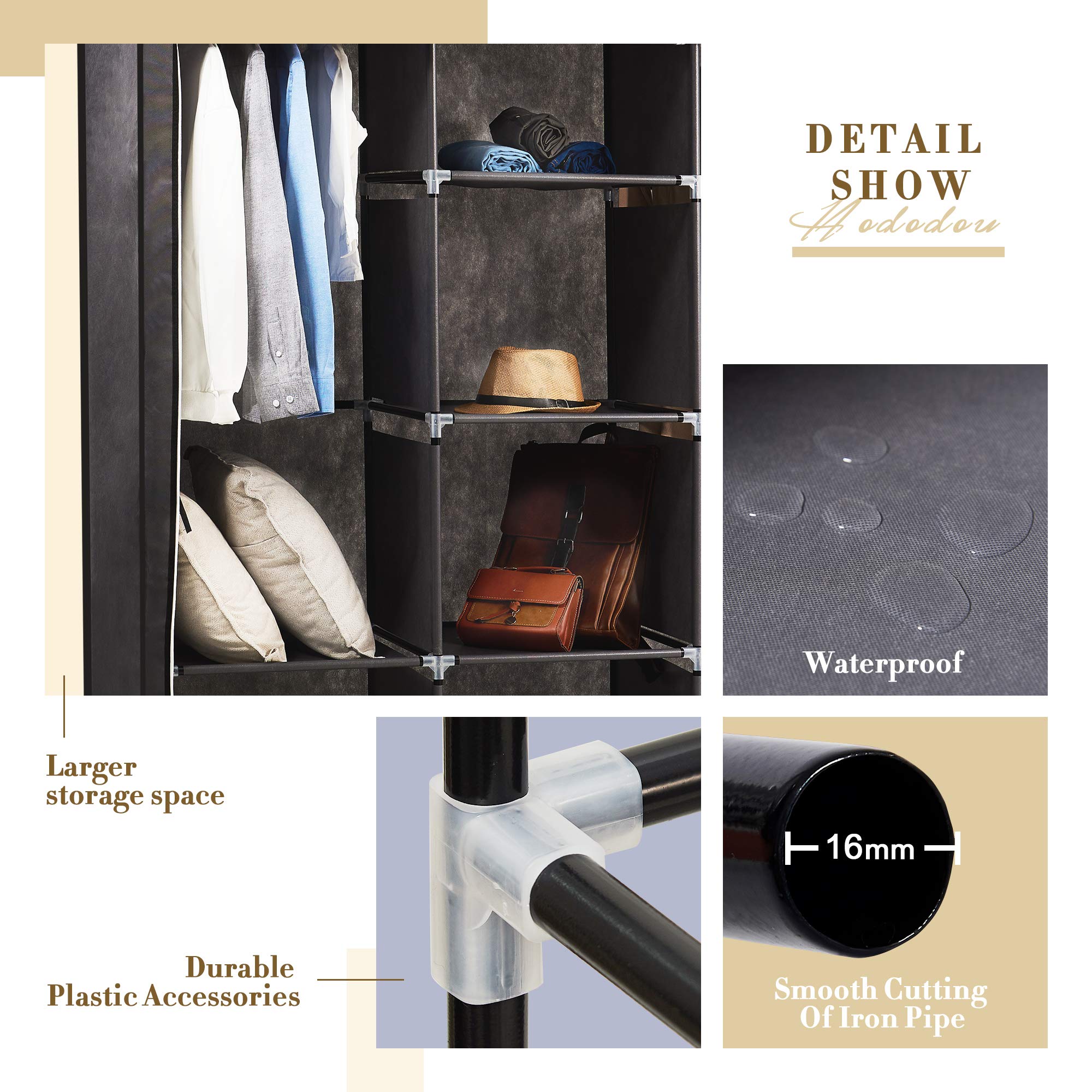 Hododou Tragbarer Kleiderschrank, groß, Segeltuch, 175 x 150 x 45 cm, Grau | Kleideraufbewahrungs-Organizer mit 2 Kleiderstangen, faltbarer Schrank für Wohnzimmer, Schlafzimmer