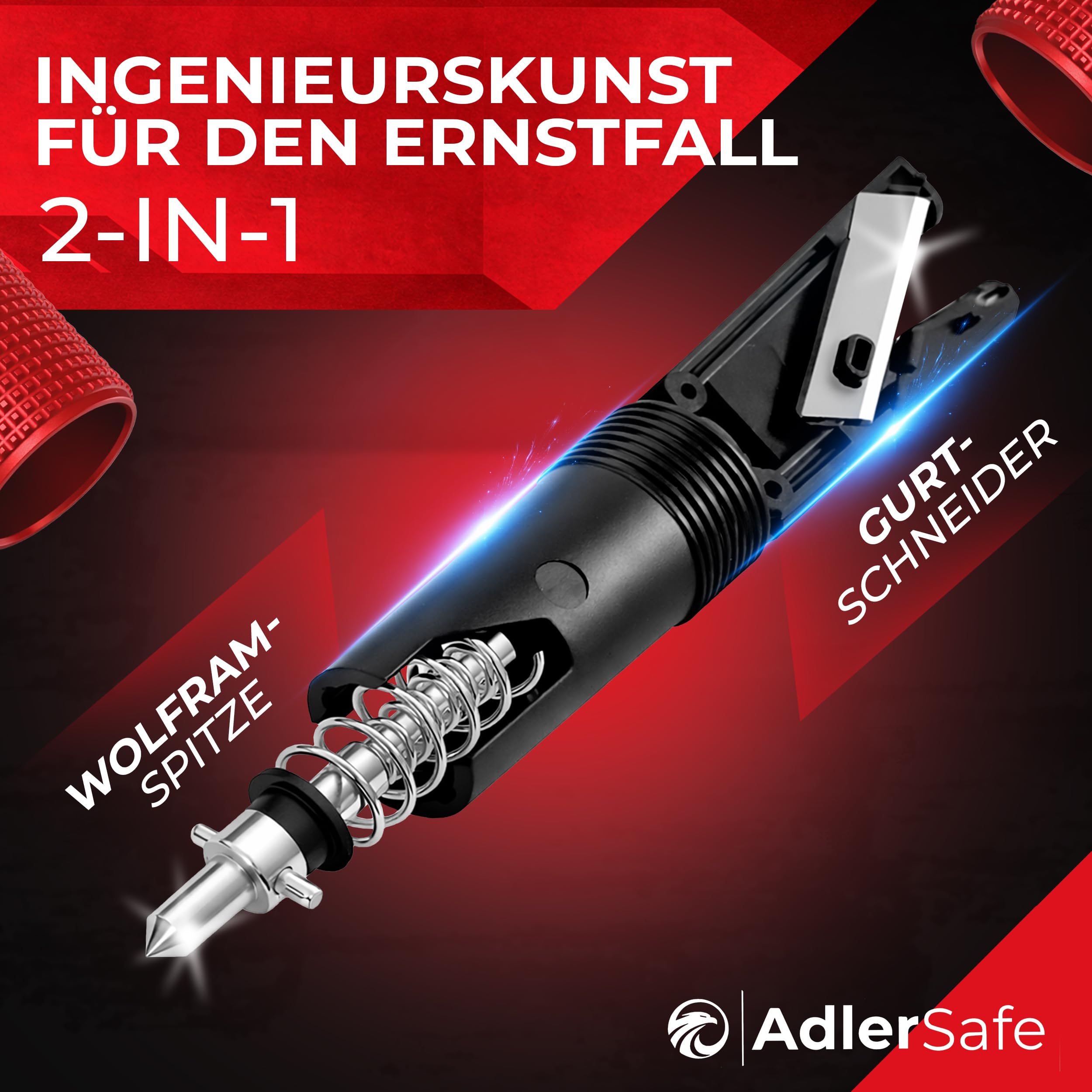 Notfallhammer Auto mit Gurtschneider - Nothammer - Federkörner Glasbrecher zum Lebenretten - Rettungswerkzeug Notfallset für Scheiben - Sicherheitshammer für Unfälle