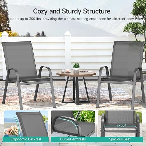 Miniatura 7 de Juego de 4 sillas de patio, sillas de comedor para exteriores transpirables y apilables para todo tipo de clima, con respaldo alto y asiento ancho,