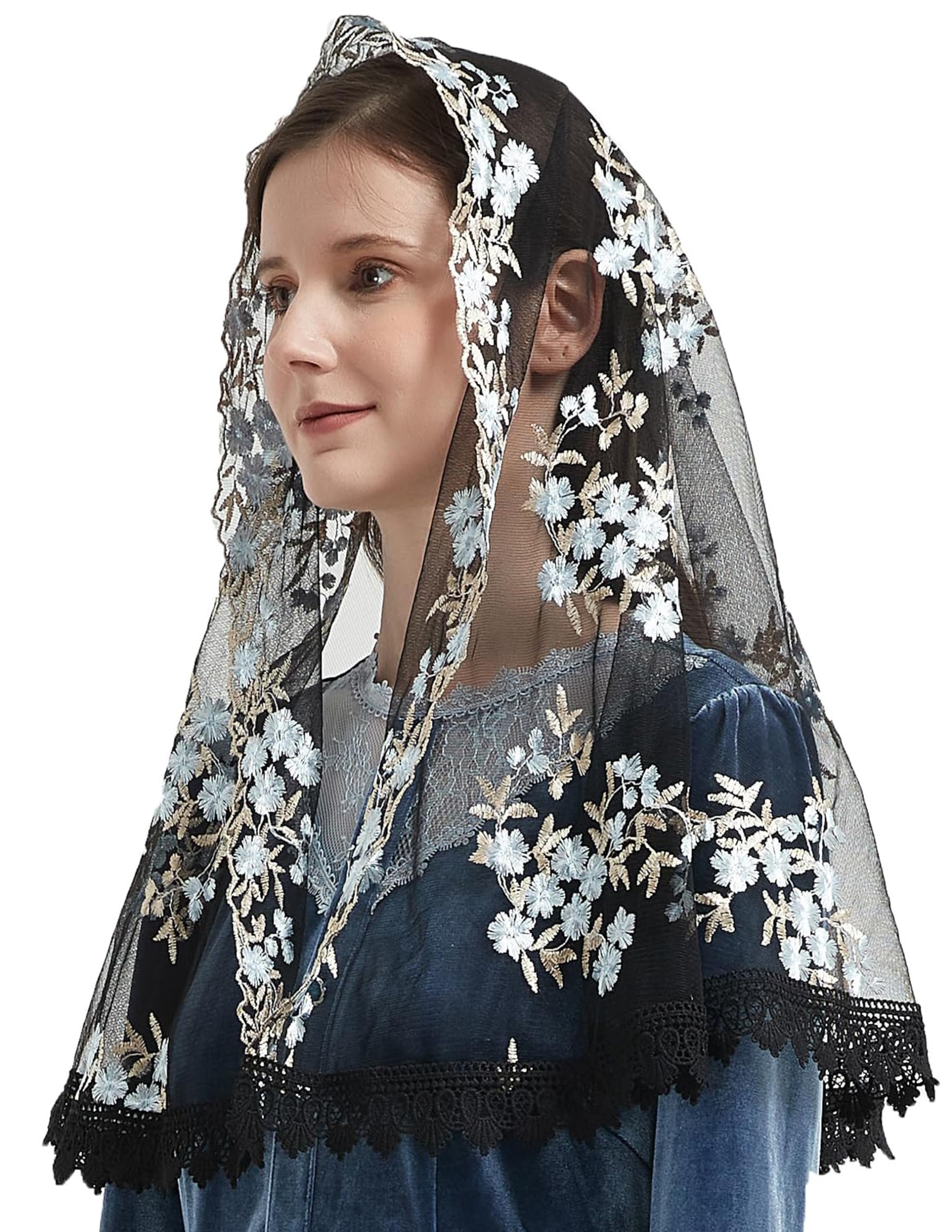 YuRongsxt Chapel Veils Catholic Mass Multicolored Embroidered Cherry Blossom Style Church Veil M8