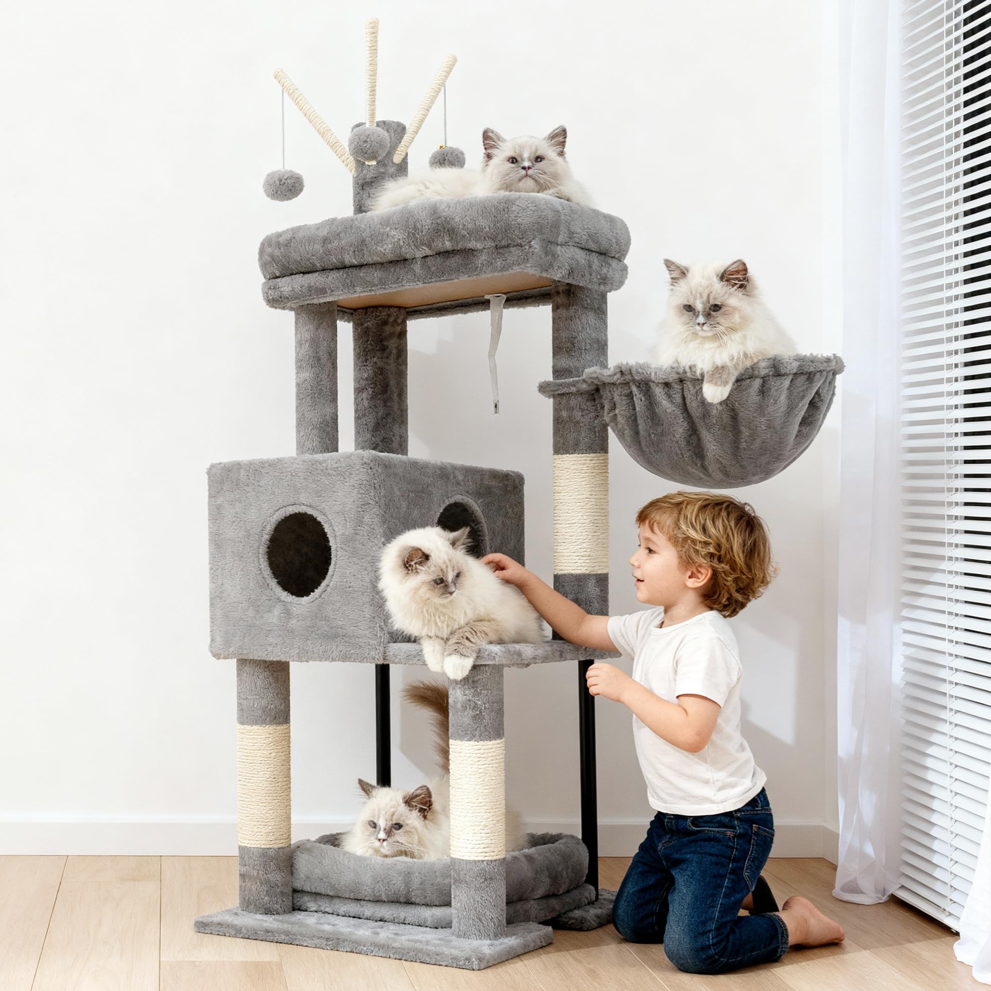 Heybly Árbol para Gatos de 115 cm, Torre para Gatos con Plataforma Grande, Cesta Colgante y Cueva, Postes Rascadores de Sisal, Pelotas Colgantes y Cojines Desmontables, Gris Claro HCT202SW