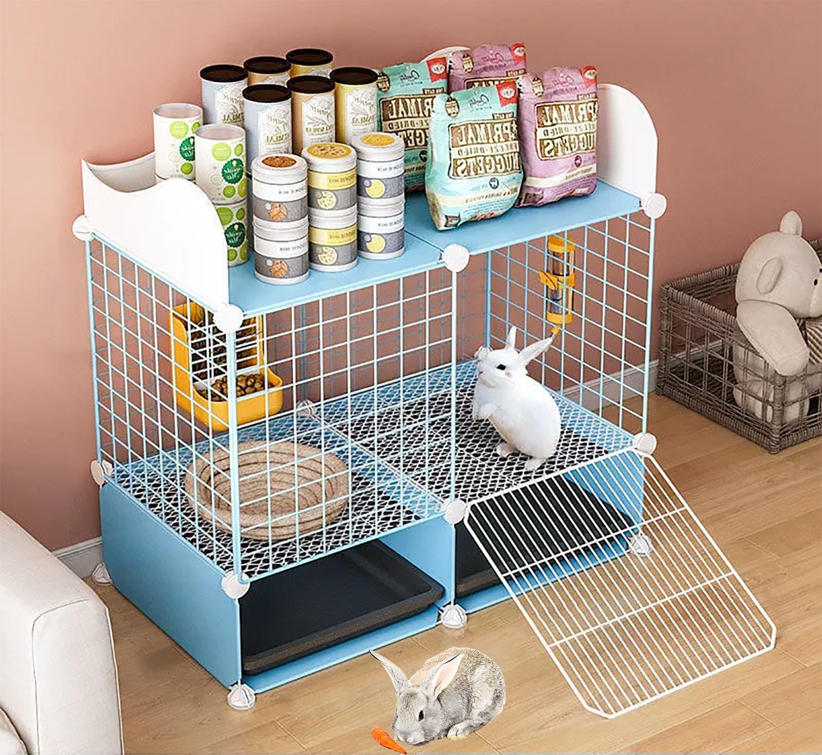 Meerschweinchenkäfig, Frettchenkäfig, Kleintierkaninchenkäfig, Meerschweinchenkäfig Mit Stauraum, Dickes Drahtgeflecht,(Blue,75 * 39 * 65cm)