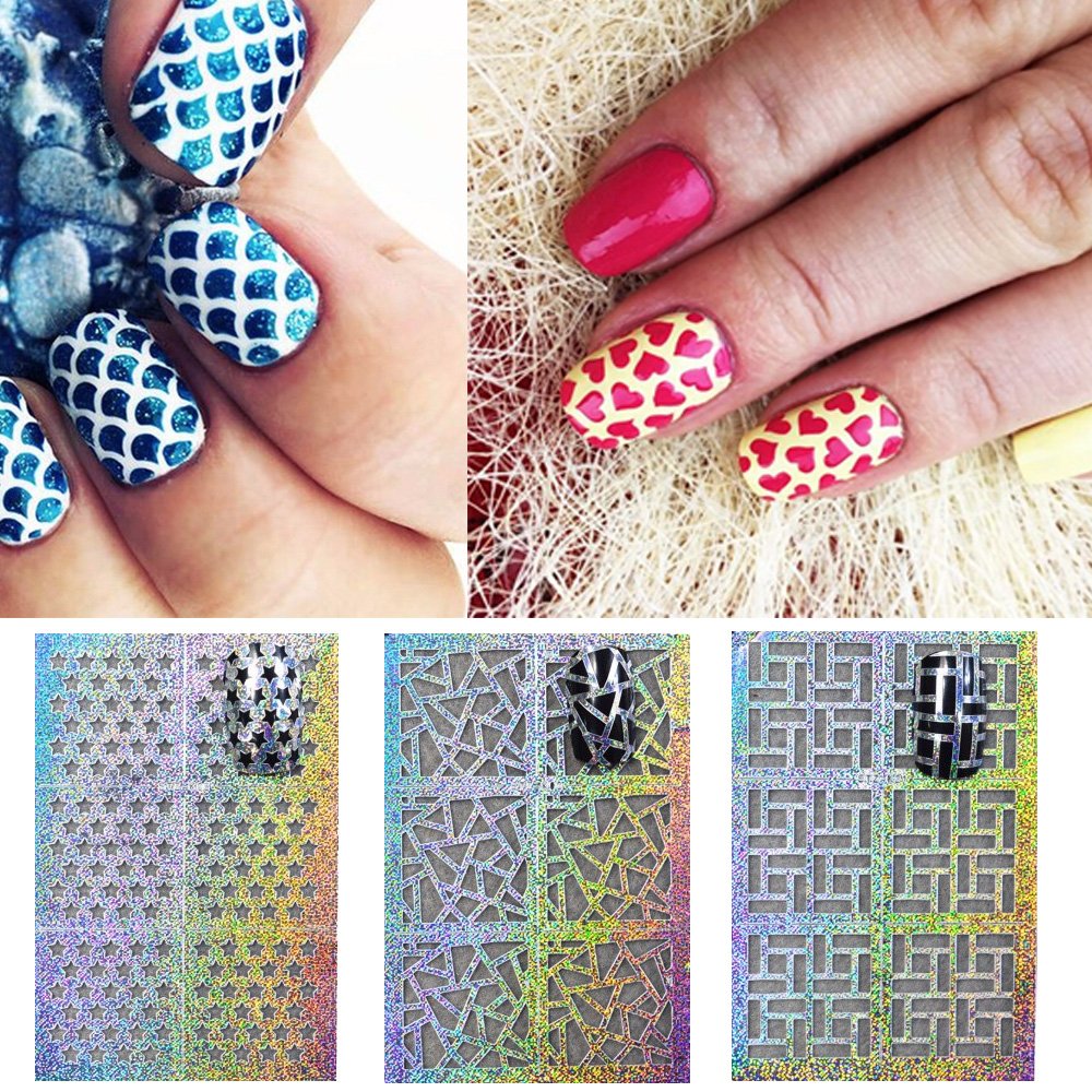 AllyDrew 24 Designs Holographic Manicure Nail Art Guide Nail Stencil Nail Sticker Bundle (Set of 24)