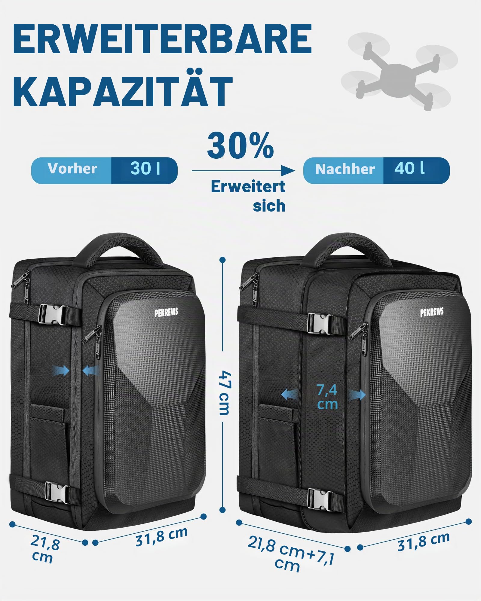 PEKREWS Mavic 3 Pro Tasche, Erweiterbar Handgepäck Rucksack für DJI RC/Pro/N1 Controller, Hartschale Tragetasche Wasserabweisende Reisetasche für 17,3 Zoll Laptop, Fly More Combo und Drohne Zubehör