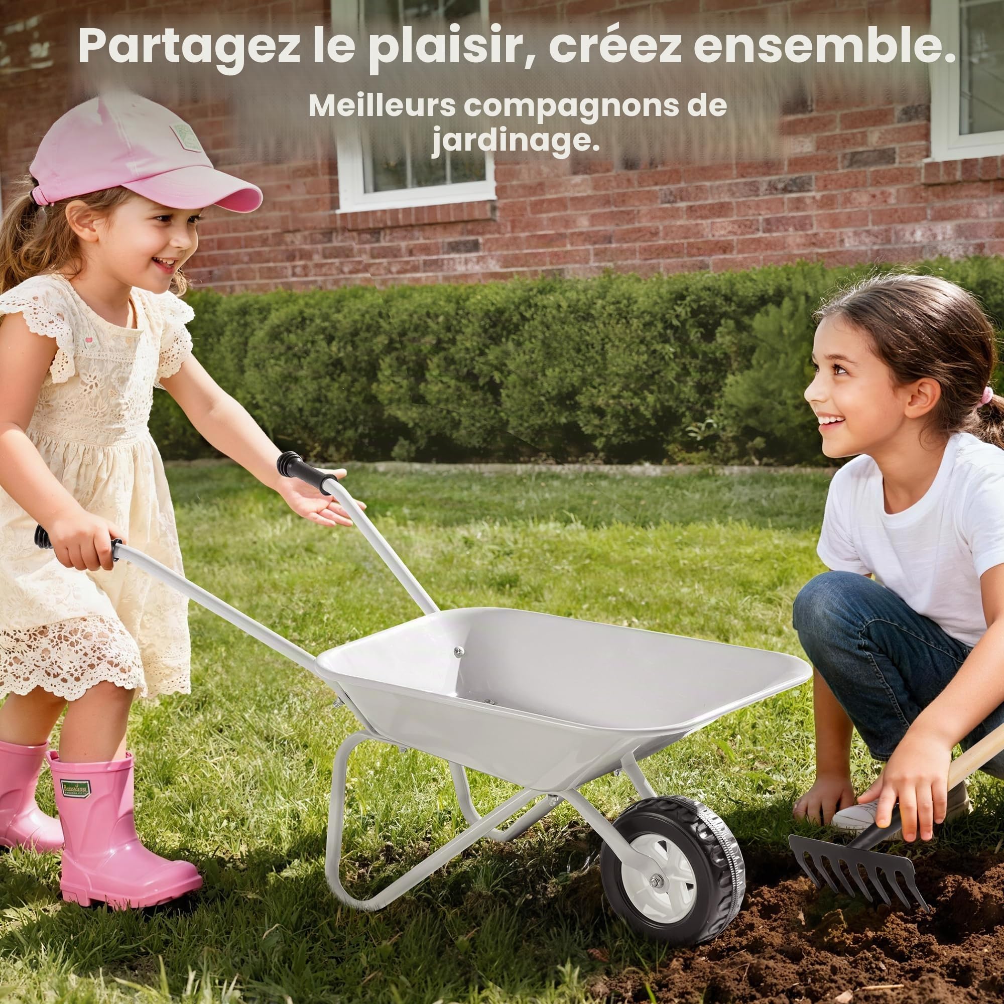 ROBOTIME Brouette et outils de plantation en métal pour enfants, 5 pièces, gris-noir, avec poignée réglable en bois de pin, arrosoir, râteau, pelle, pour garçons et filles à partir de 3 ans