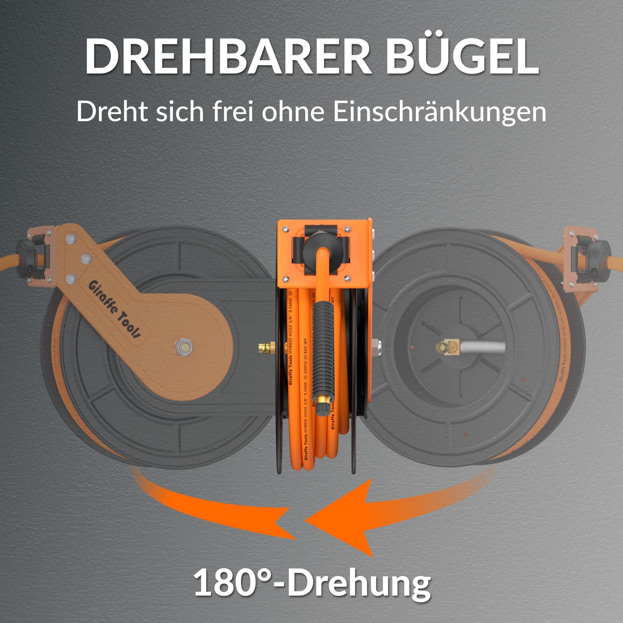 Giraffe Tools Automatik Druckluftschlauchtrommel 15M-Robuster Aufroller mit 1/4" Anschluss&3/8" Schlauch (Ø9,5mm) max 300PSI für Werkstatt und Garage-Plus Version mit 180°Schwenkbracket und Zubehörset