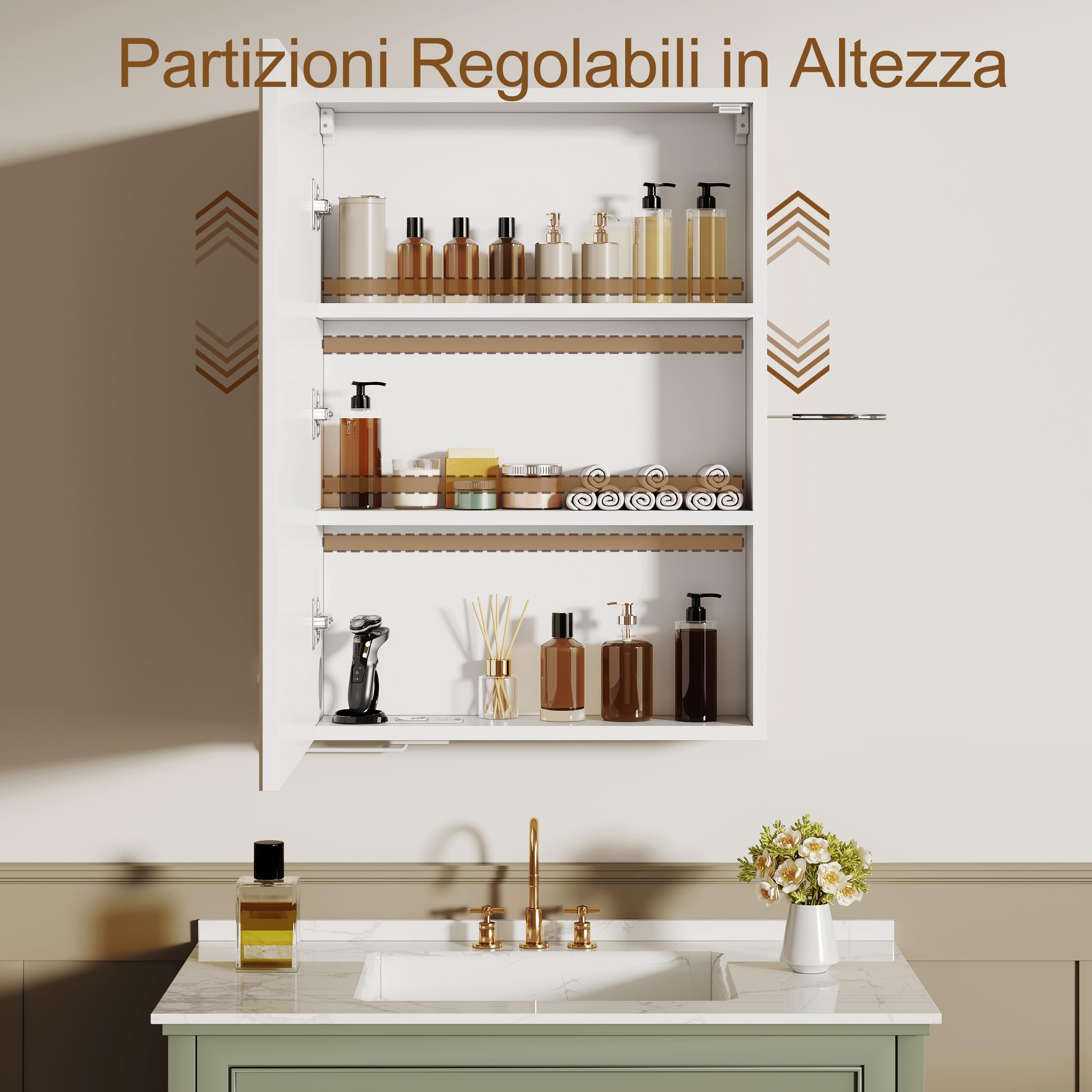 Specchio Bagno Contenitore con 3 Colori Luce e 1 AC/2 USB, Armadio Specchio Bagno con Deumidificazione con 1 Tocco e Funzione di Memoria & con Mensola Regolabile(50x70x15cm,Bianco)