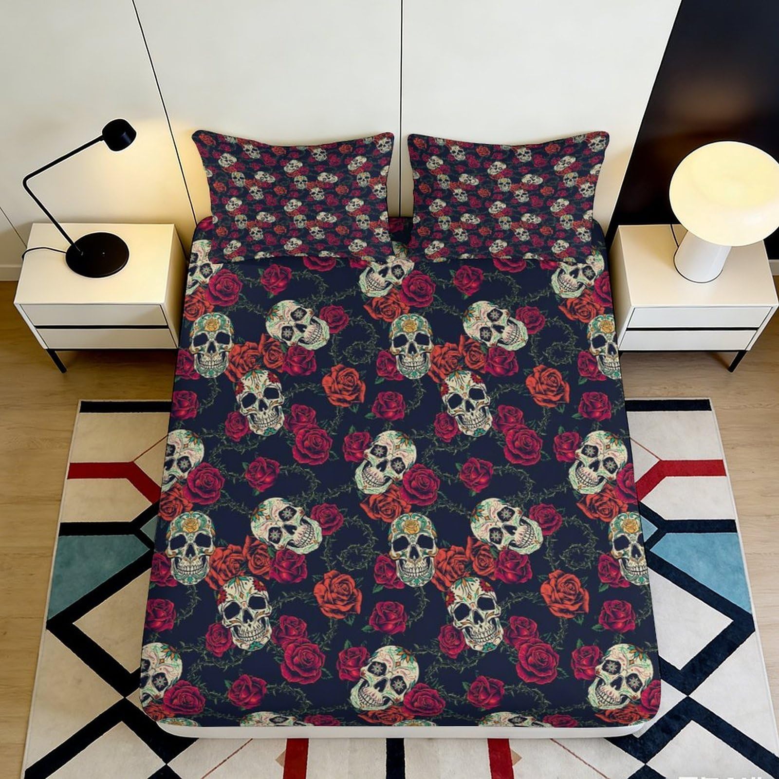 Zfldkwgb Style-5 3D Printed Skull Rose Fitted Sheet Microfiber Soft Breathable Gothic Flower Mattress Cover For Bedroom Decor 90X200x25cm