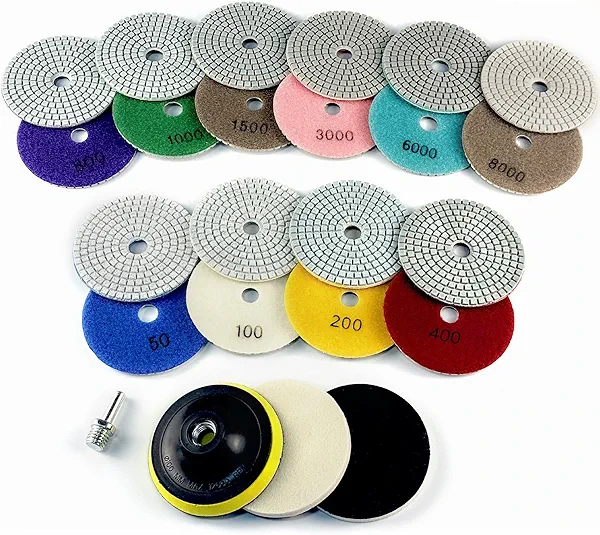 Ceeintee 4 Inch Diamond Polishing Pads, 14 PCS 50-8000 Grit Wet/Dry Granite Stone Polish Pad Kit with 5/8’’-11 Backer Pad, Drill Adapter and Wool Disc