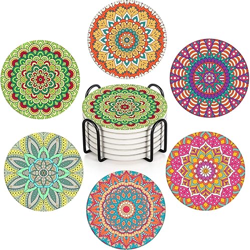 Juego de 6 posavasos para bebidas, diseño de mandala bohemio marroquí, colorido, rosa, absorbente, redondo, con base de corcho y soporte de metal,