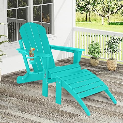 Miniatura 2 de Silla Adirondack con reposapiés, silla plegable para exteriores con otomana y soporte para tazas, sillas resistentes a la intemperie para fogata