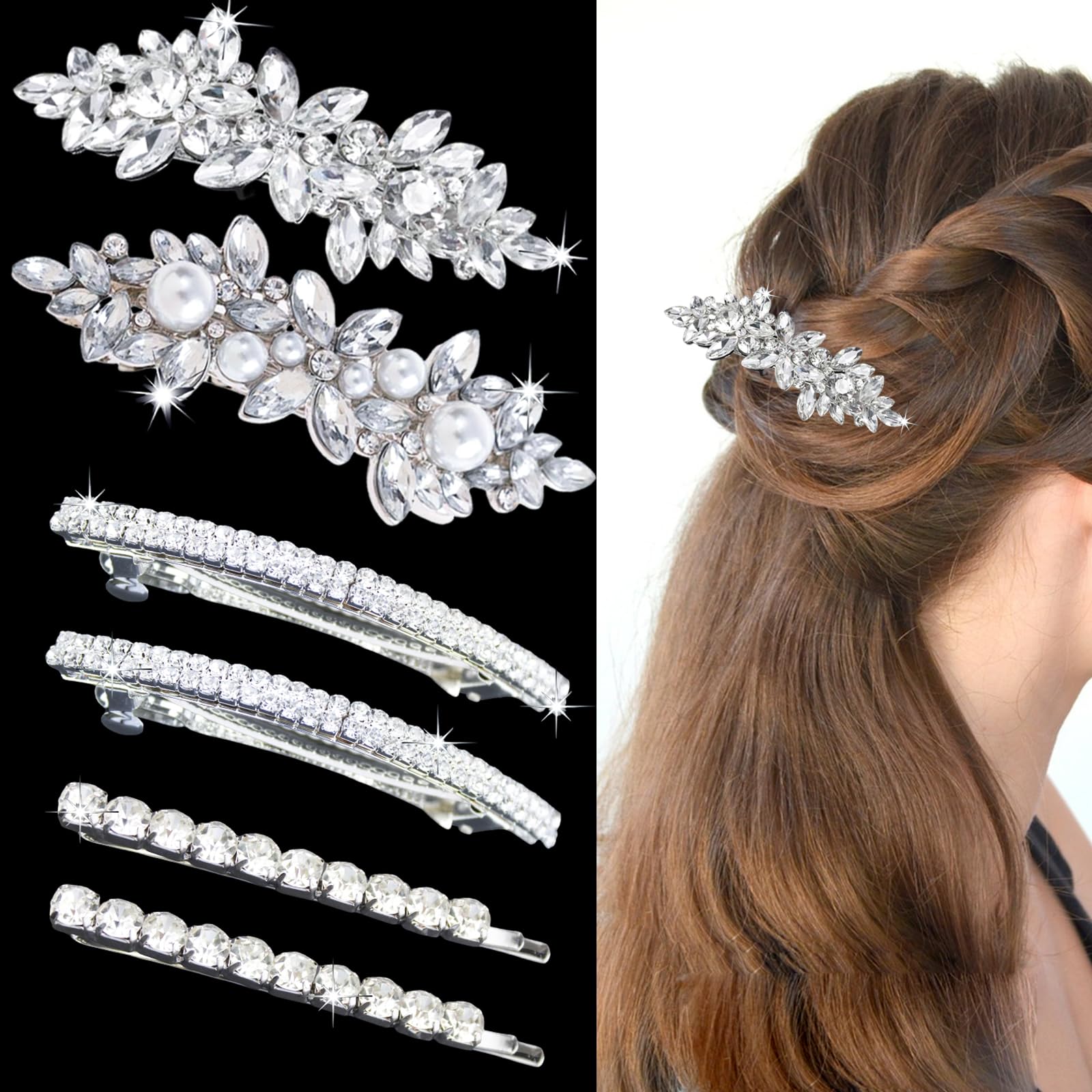 6 Pcs Hair Barrettes for Women Flower Pearl Hair Clip Elegant Bridal Silver Crystal Hairpins Wedding Accessories for Women sliver