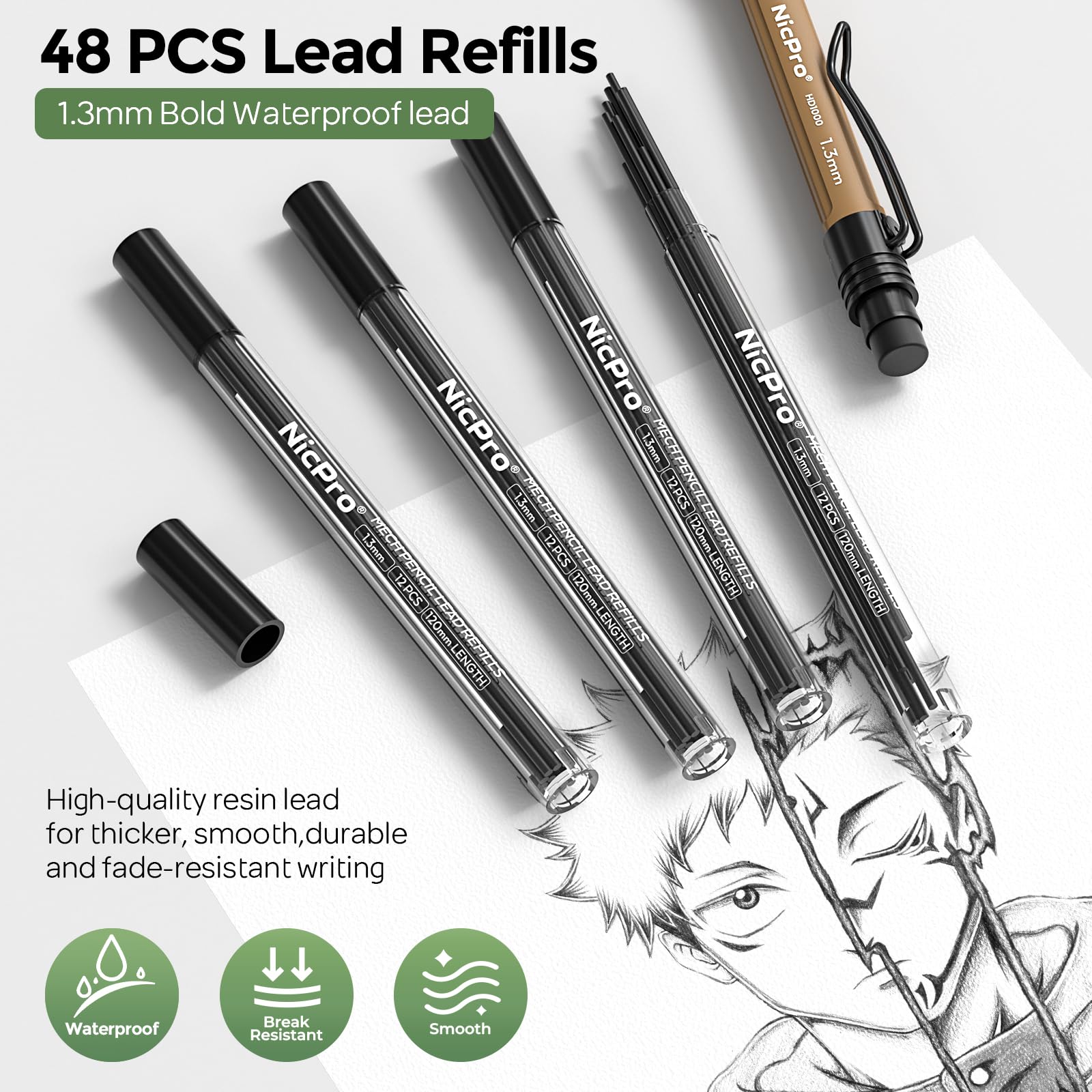 Nicpro Lot de 3 porte-mines de 1,3 mm, 3 couleurs avec 51 mines de recharge, 3 gommes, crayons de charpentier résistants aux intempéries, HD1000 pour marquage extérieur, dessin, travail du bois