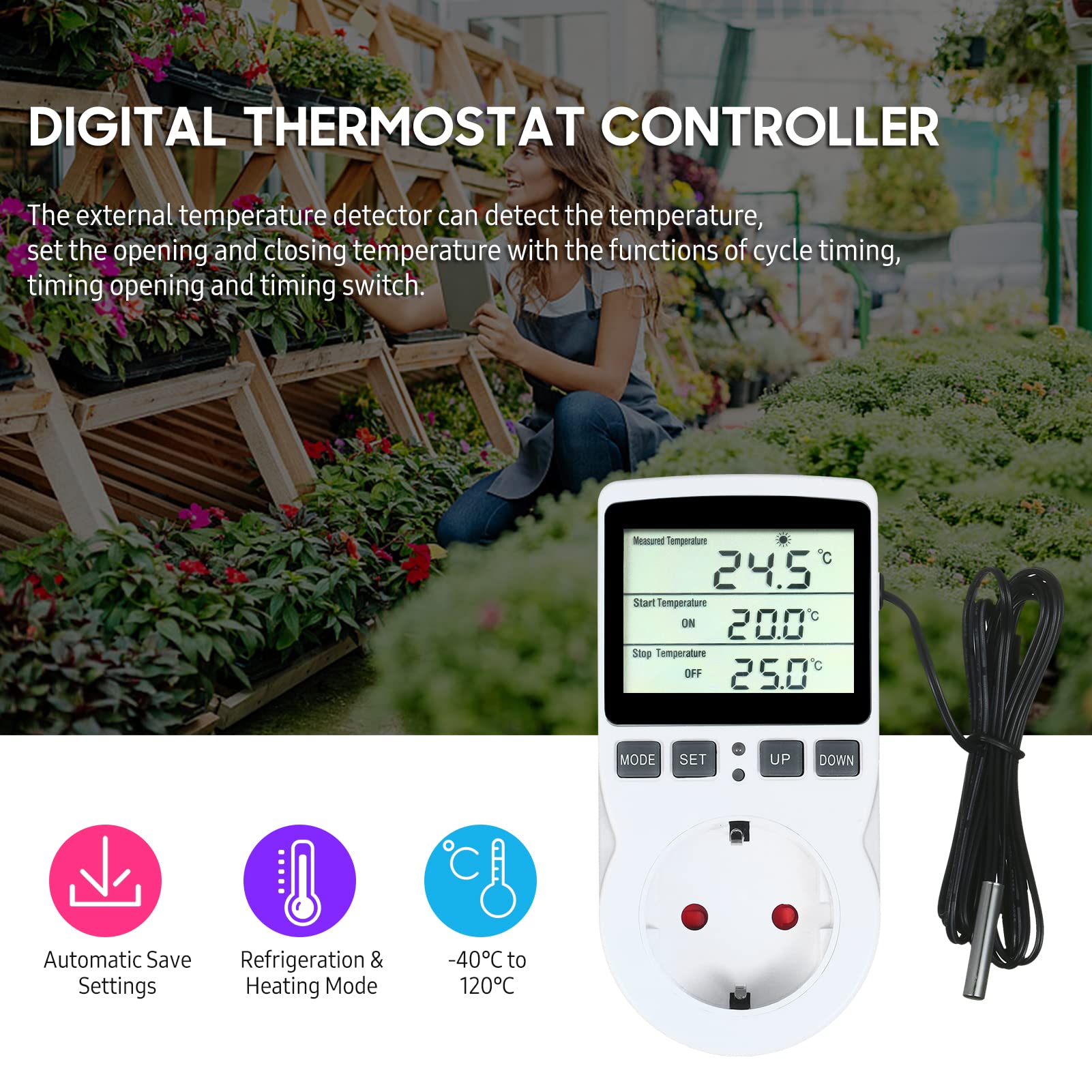Termostato Digital, Weytoll Termostato LCD Enchufe de Salida Control de Enfriamiento de Calefacción para Terrario Acuario Reptiles Toma de Salida con Control de Temperatura con Temporizador y Sonda