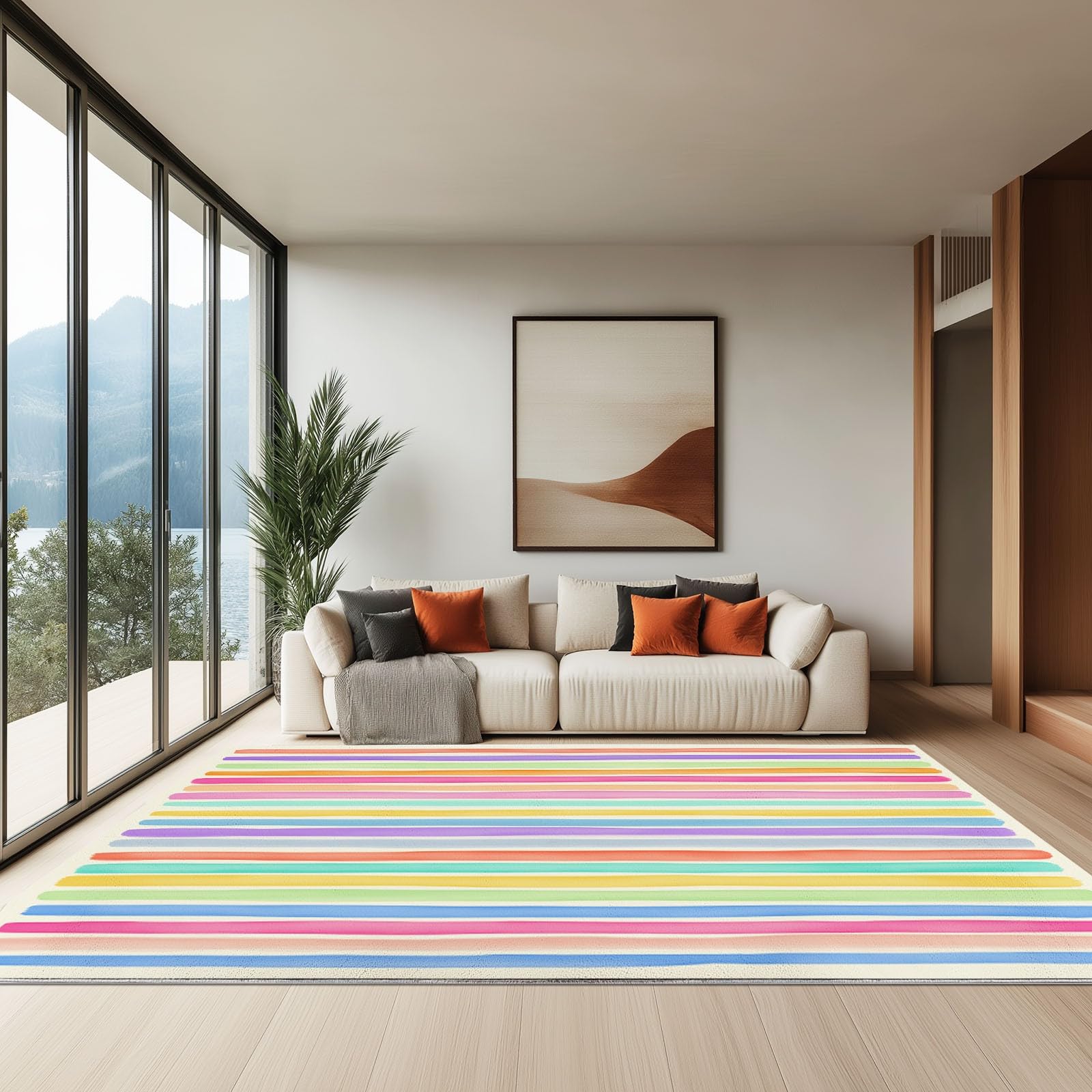 Generisch Teppich Kurzflor Design - Weicher Teppich Waschbar rutschfest für Wohnzimmer Schlafzimmer Kinderzimmer Büro Esszimmer Cartoon Bunt Gestreift - 100 x 150 cm - Mehrfarbig