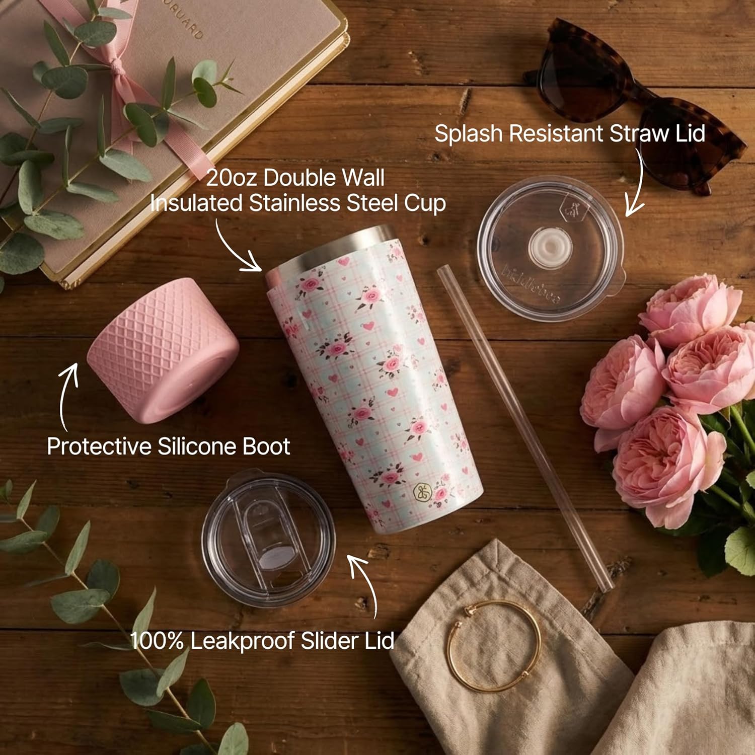 Biddlebee 20oz Tumbler Gift Set with Leakproof Coffee Lid, Straw Lid, and Protective Silicone Boot – Insulated Stainless Steel Travel Mug for Women, Pink Roses Plaid - Image 4