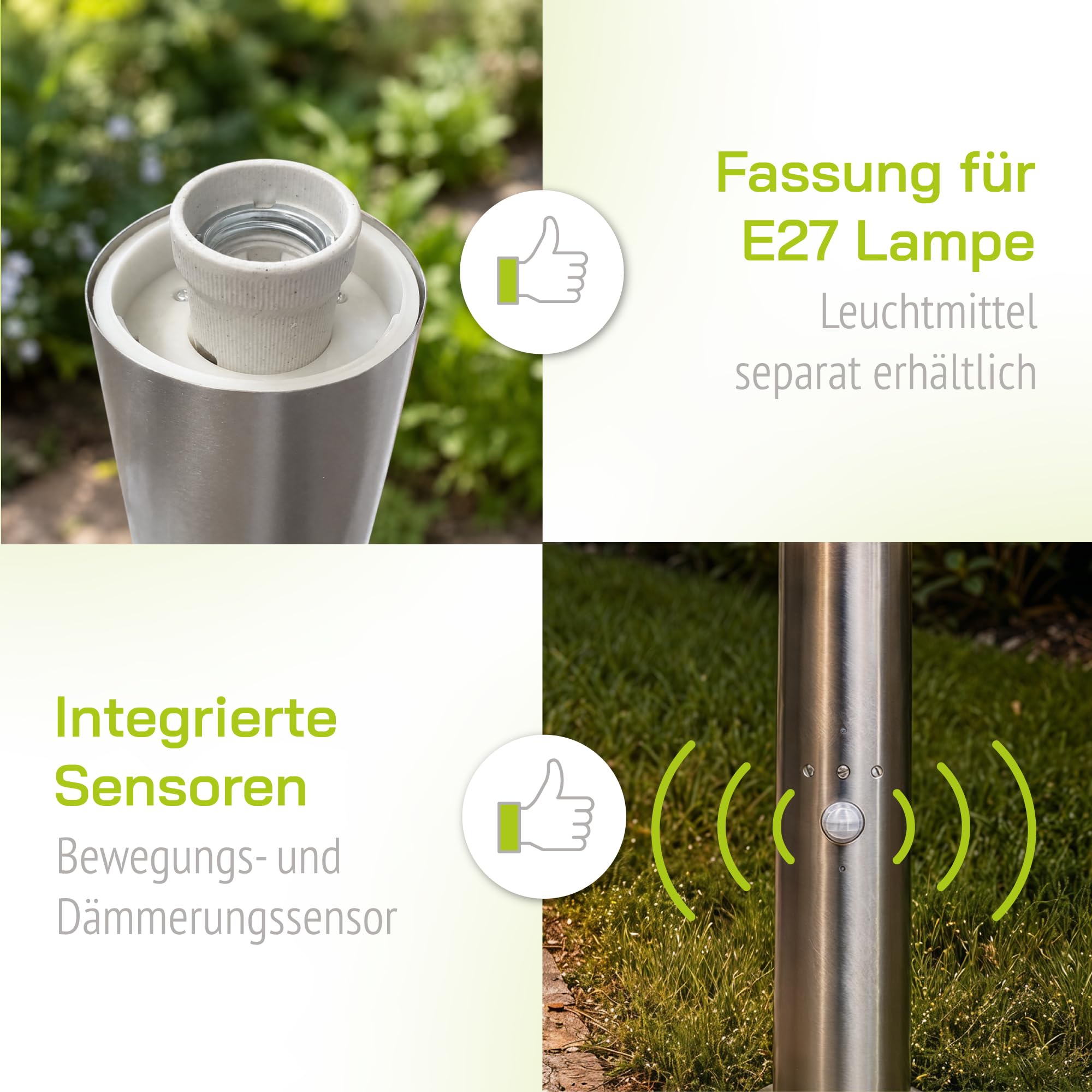 BOSEA - Lampada da vialetto, effetto dissuasivo, 50 cm, per E27, in acciaio inox, IP44
