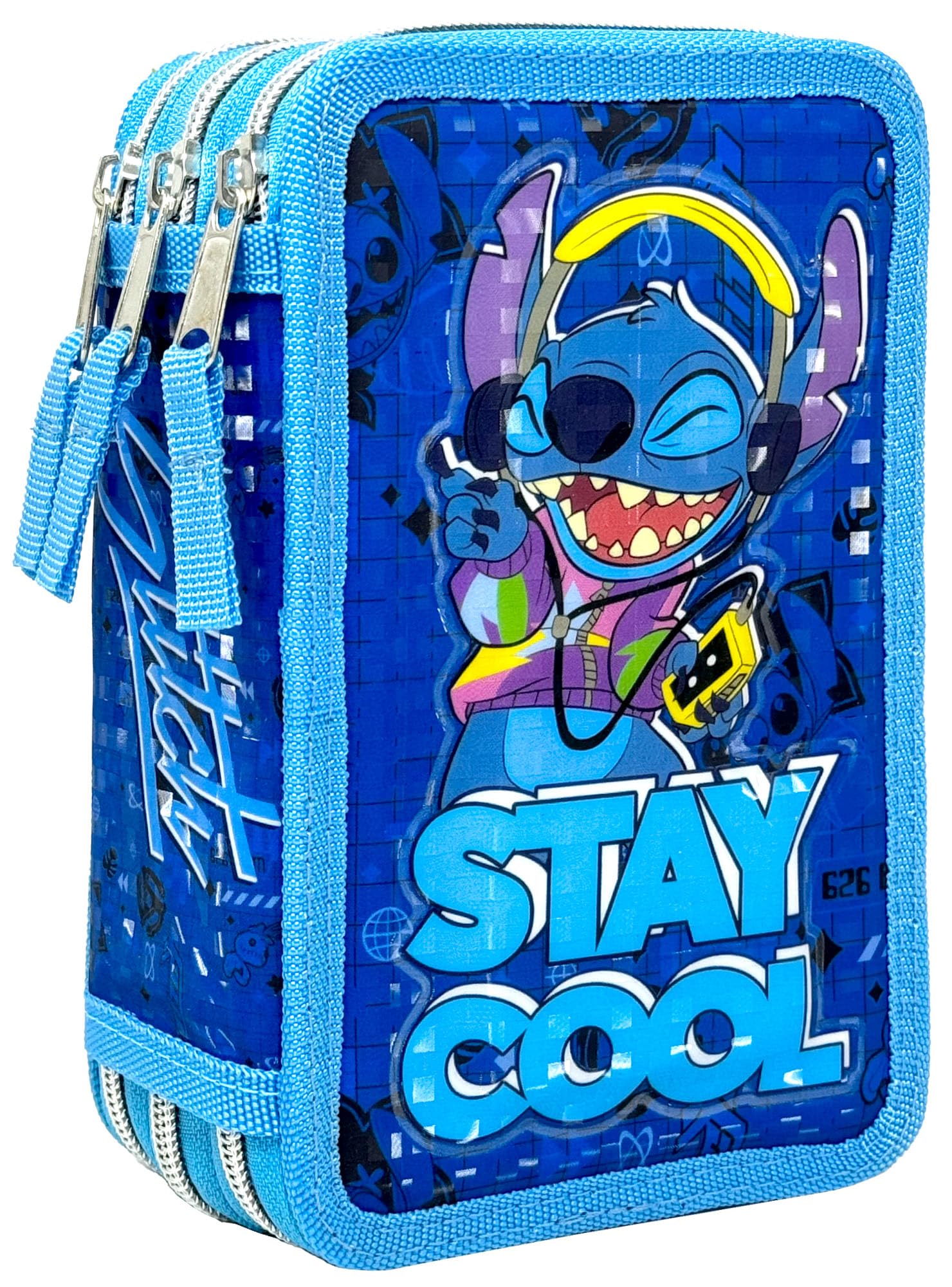 Clondo Estuche con 3 Compartimentos 3D para Niñas y Niños, para Stitch Fans, Triple Relleno, 44 ​​Accesorios de Escuela, 3 Cremalleras, 20cm, Lápices de Colores, Rotuladores