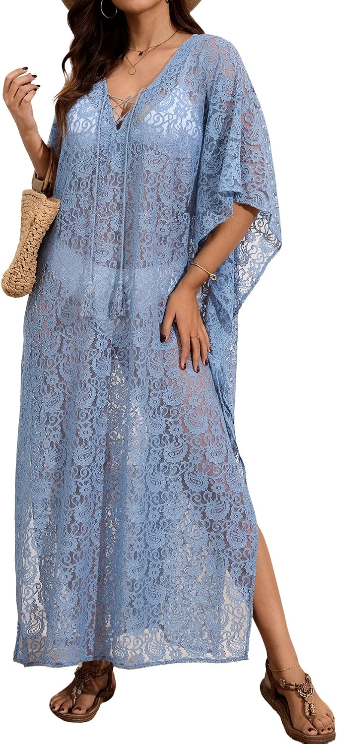 Bsubseach Kaftan Dresses for Women 2026 Lace Crochet Swimsuit Cover Up V Neck Tie Front Batwing Sleeve Maxi Beach Dress