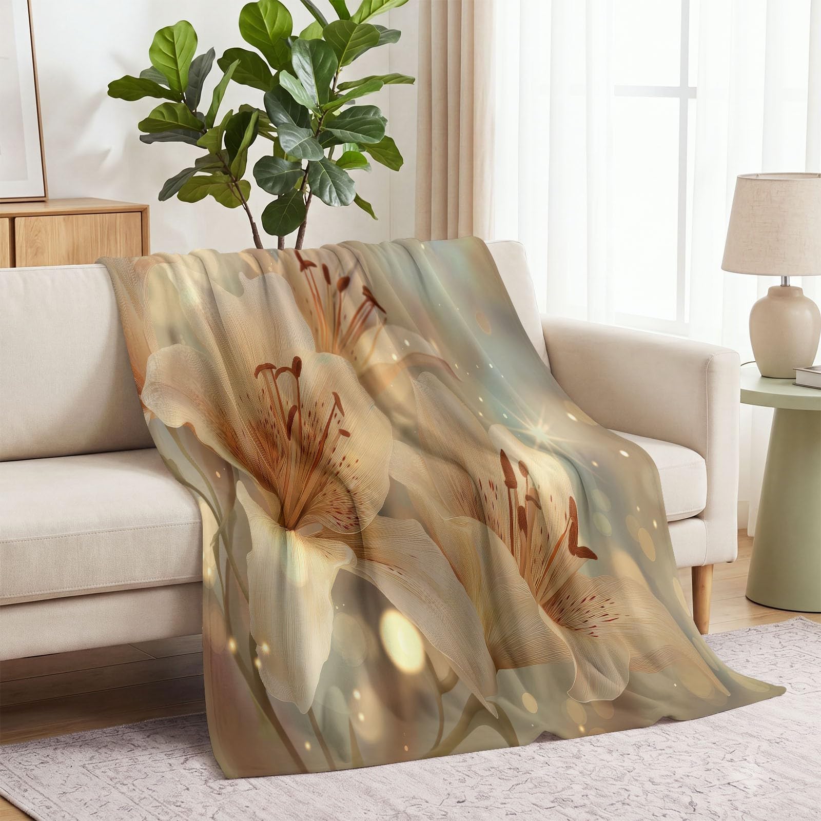Manta de forro polar de franela suave y acogedora de 180 x 200 cm, diseño de flores, color beige