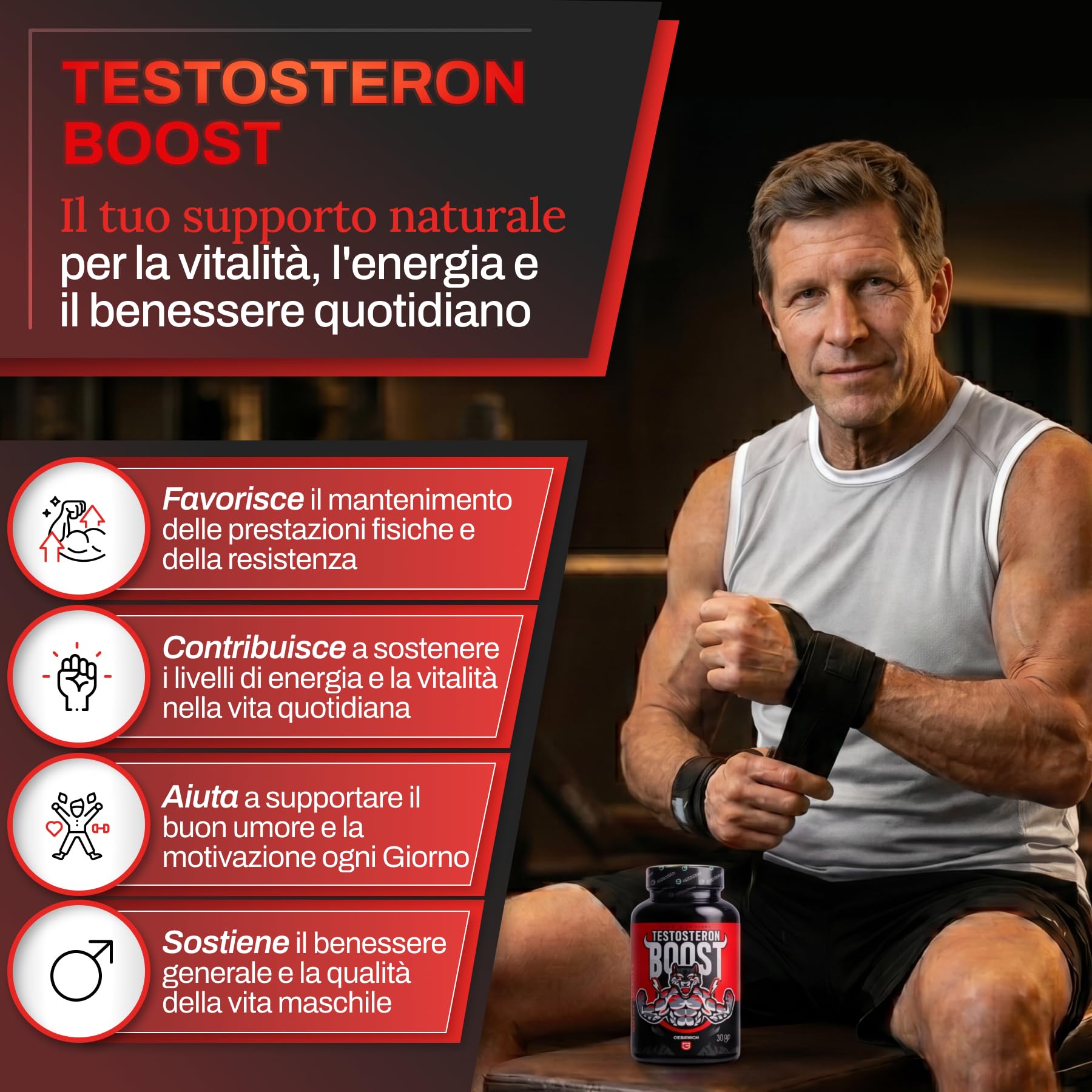 Capsule TESTOSTERON BOOST | Integratore Uomo con Maca, L-Arginina, Ginseng, Serenoa Repens, Vitamina C, Vitamina B3, Vitamina E, Zinco e Selenio | 30 Capsule