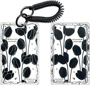 ID Card Badge Holder Key Chain Plastic Spring Rope with Metal Keyring, Plastic Slide Open with ID Window for Women Men Girls StudentsBlack Tulips