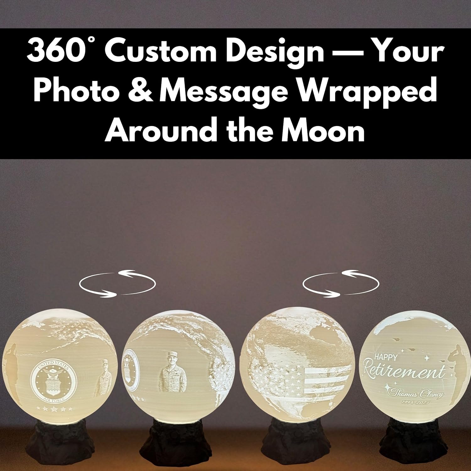 Personalized Air Force Custom Moon Lamp – Custom Military Moon Light with Photo & Text | USAF Veteran Gift for Airmen & Military Families | 3D Printed Night Light with U S Air Force Logo