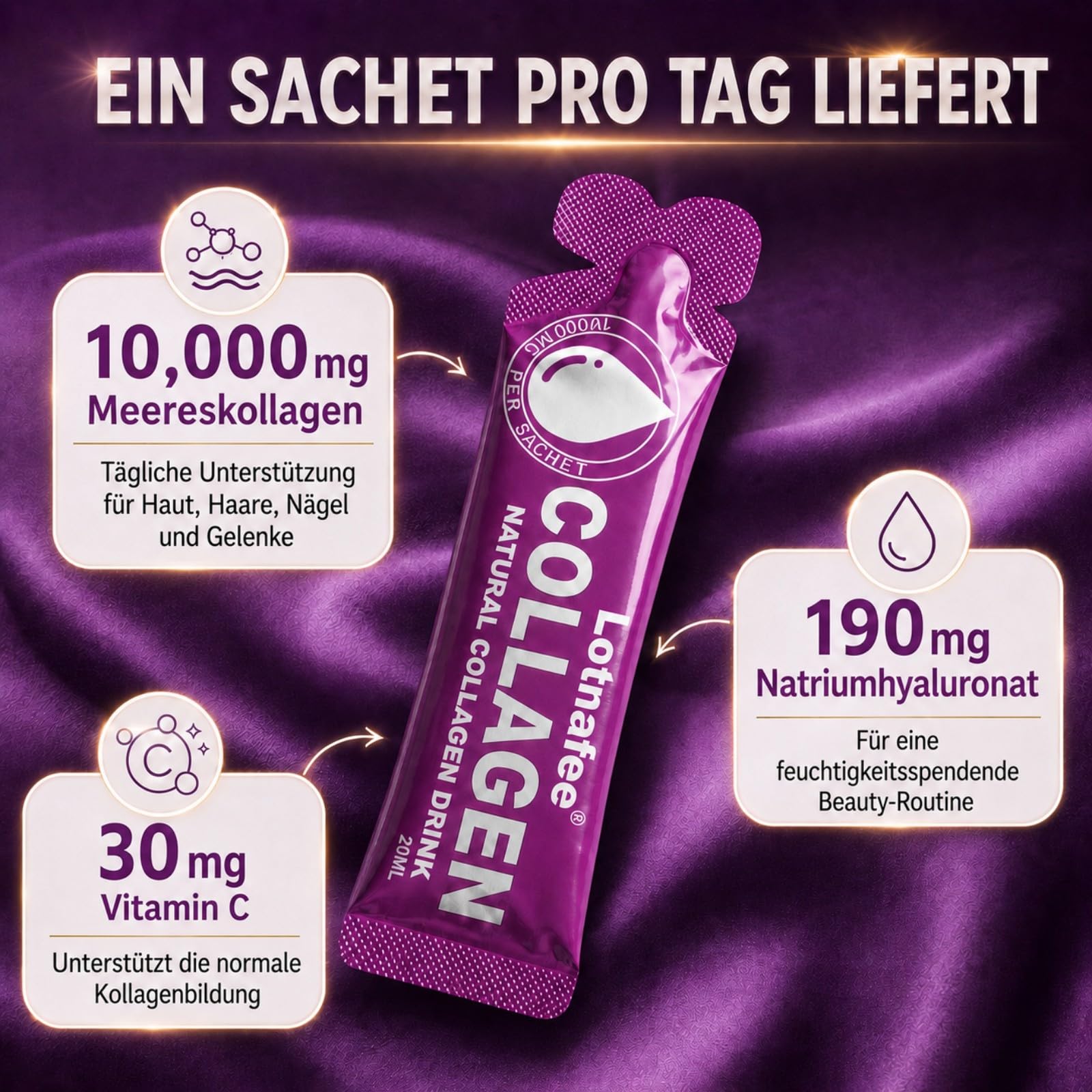 Kollagen Drink, 10.000mg Kollagen pro Flasche mit Vitamin C & Hyaluronsäure, 14 x 20ml In Beuteln zu trinken, Hydrolysierte Collagen Peptide Für Haare, Haut, Nägel und Gelenke, Mango