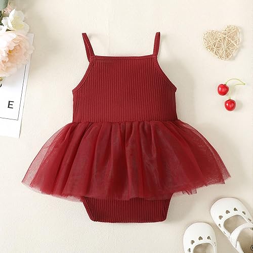 Miniatura 9 de OPAWO Mameluco para bebé recién nacido vestido de tul con volantes y tirantes delgados color liso vestido de verano con diadema