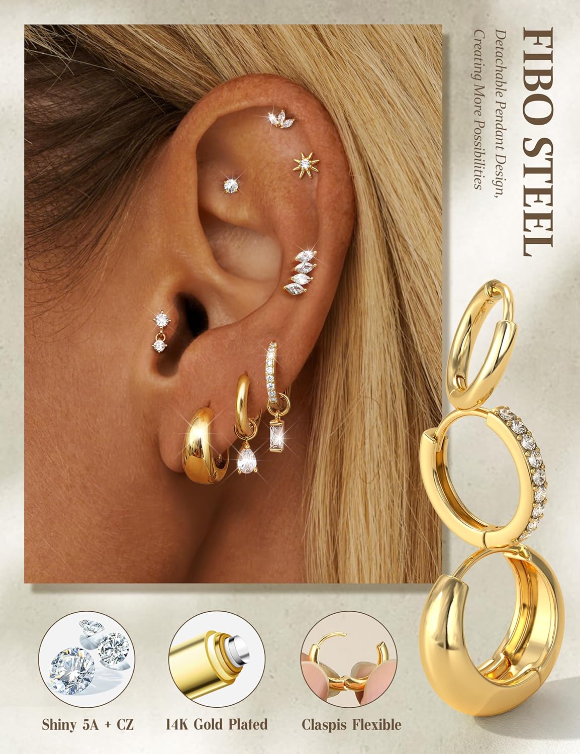Hypoallergenic Earrings Stacks for Women - 14K Gold Plated Silver Flat Back Stud Earrings Stud Hoop Cartilage Earring Set Stainless Steel Flatback Stud Earring with CZ Charms - Image 4