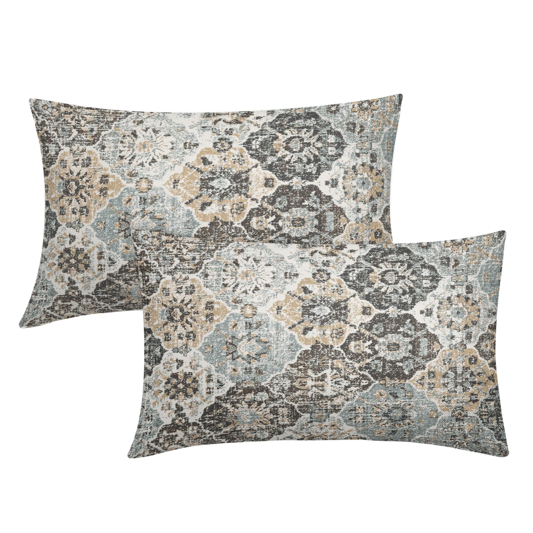 Light Blue Tan Gray Vintage Bohemian Lumbar Pillow Covers 12X20 In Dark Brown Beige Grey Boho Flower Rug Print Carpet Pillow Cases Set 2 Antique Tapestry Retro Throw Pillows For Cushion Couch Outdoor — image 1