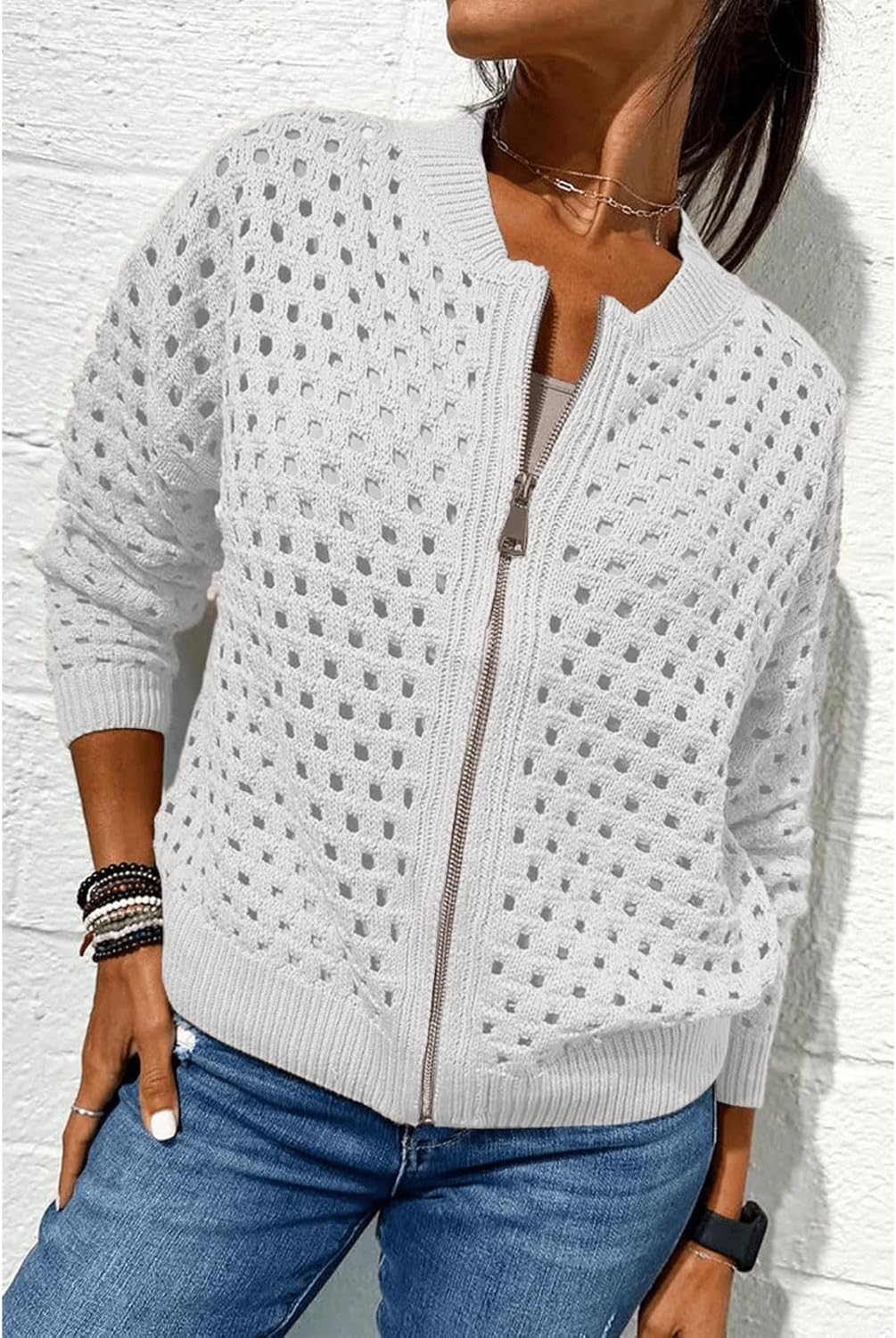 Long Sleeve Zip Up Sweaters for Women Hollow Out Crochet Knit Jacket Casual Fall Cropped Sweater Outwear - Image 2