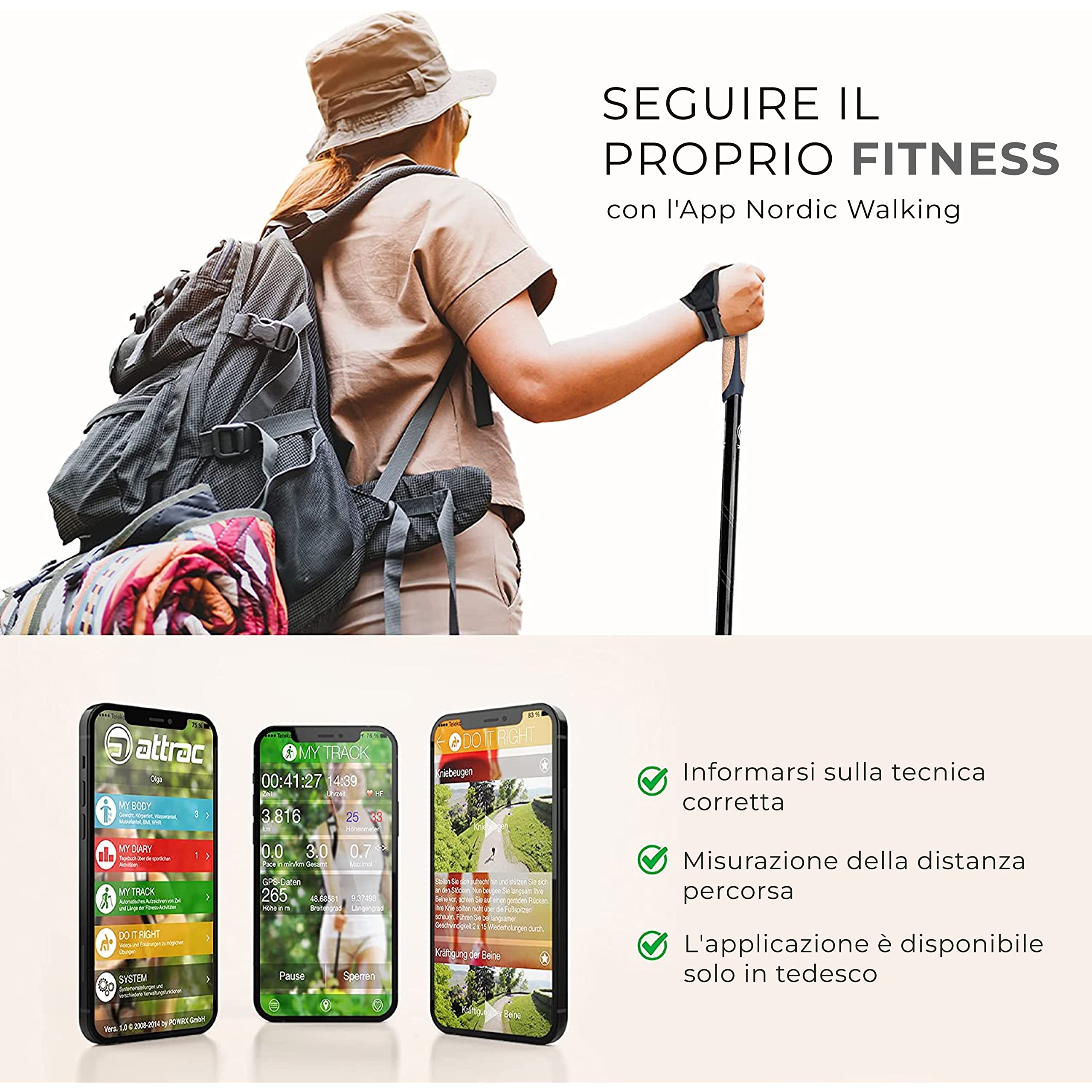ATTRAC Bastoncini Nordic Walking con Sistema telescopico, Anti-Shock e »Click & Go« dei guantini - Impugnatura in Sughero + PDF Workout